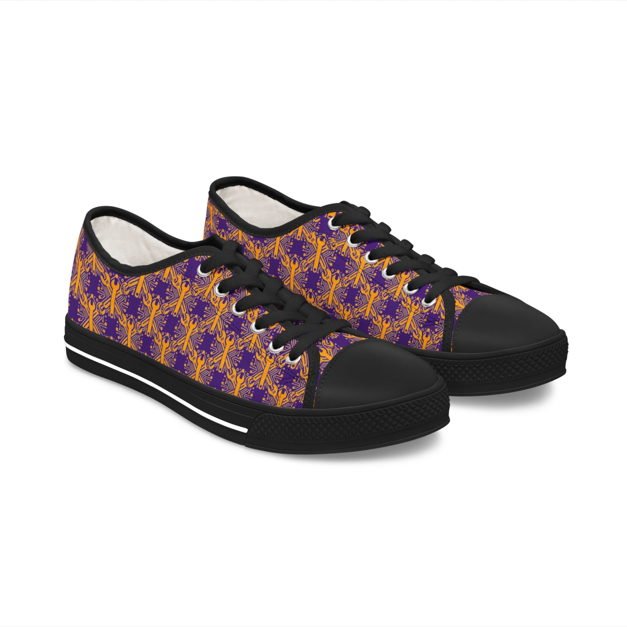 Purple & Gold Wrench Pattern Canvas Low Tops
