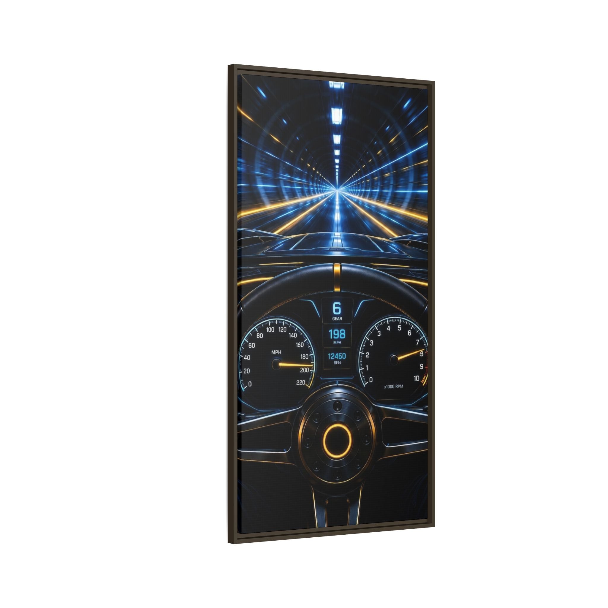 Tunnel Drive Framed Canvas Print — Retro Futuristic Car Dashboard Wall Art