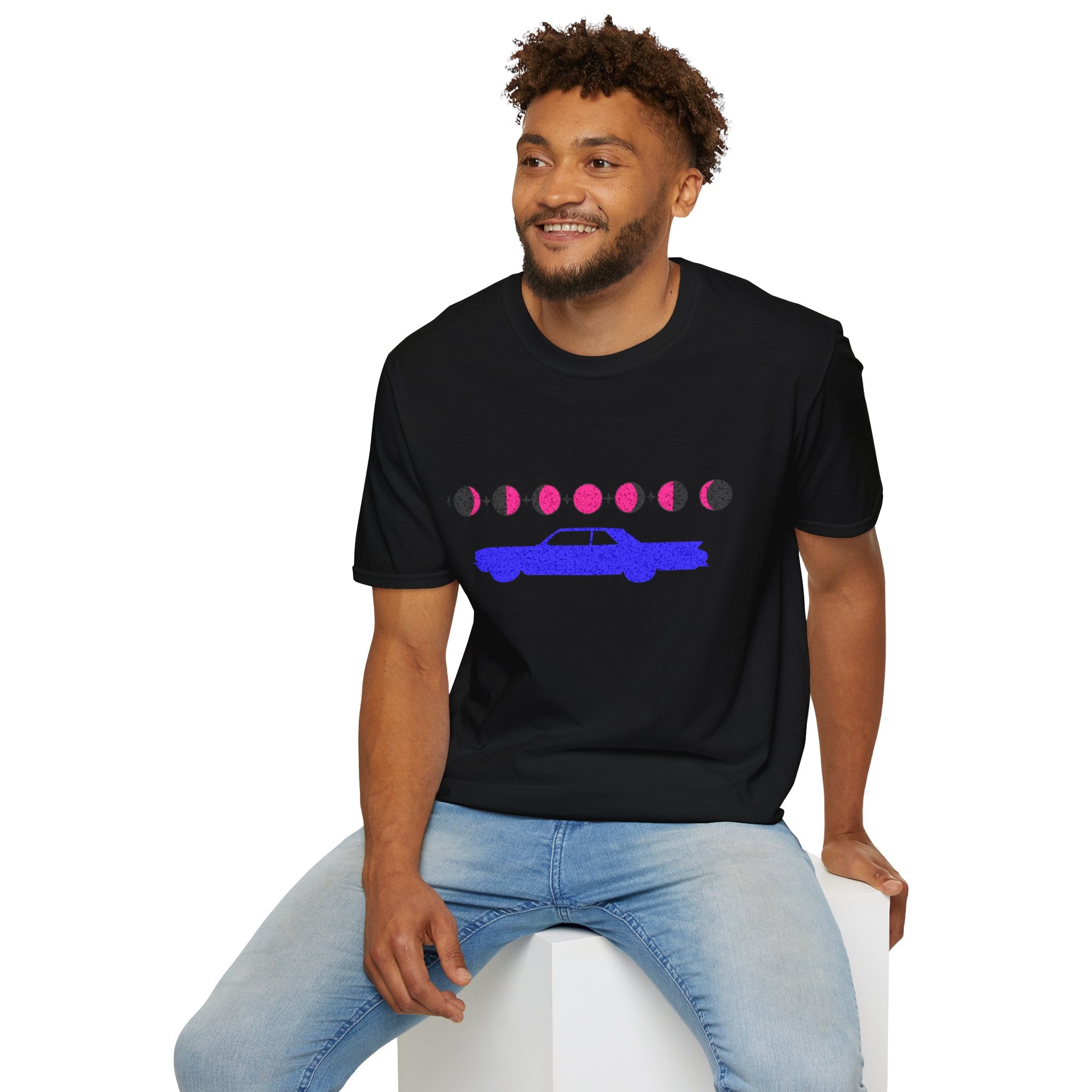 Retro Moon Phase Car T‑Shirt — Blue Classic Car with Pink Moon Phases