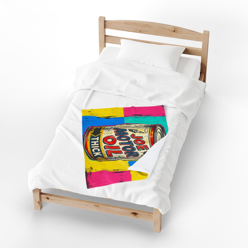 Pop Art Motor Oil Can Velveteen Plush Blanket — Retro Garage Throw