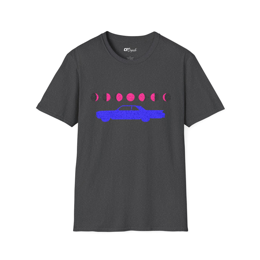 Retro Moon Phase Car T‑Shirt — Blue Classic Car with Pink Moon Phases