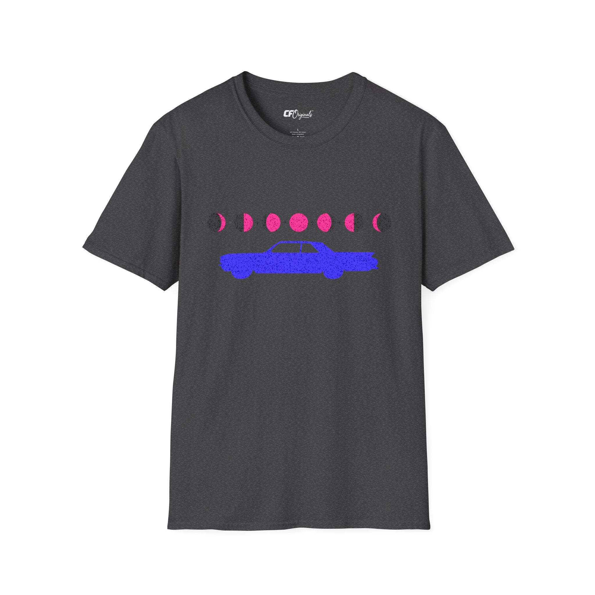 Retro Moon Phase Car T‑Shirt — Blue Classic Car with Pink Moon Phases