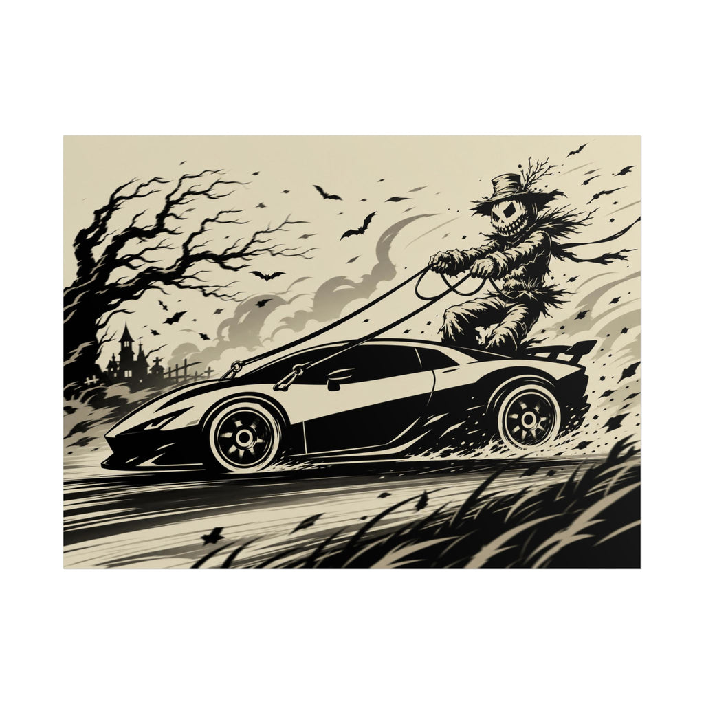Poster - Scarecrow Driving Sports Car Vintage Halloween Art Print