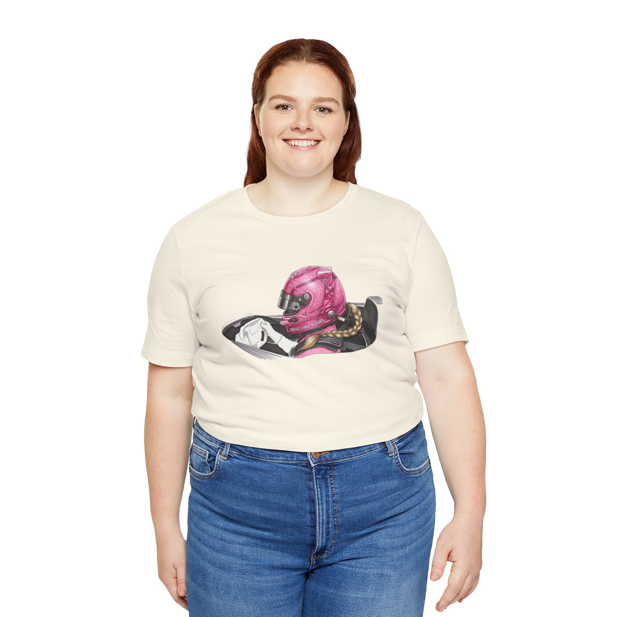 Drive Like a Girl — Pink Racing Helmet Graphic T-Shirt