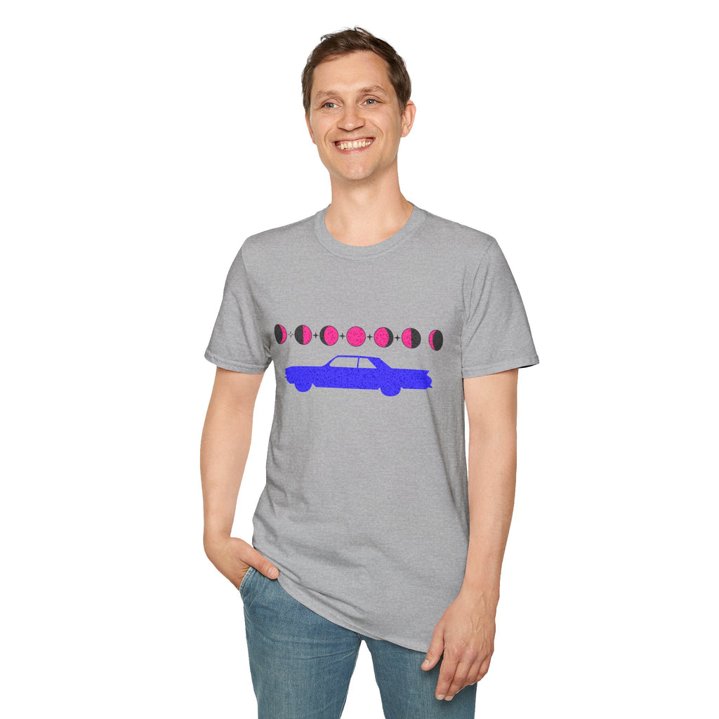 Retro Moon Phase Car T‑Shirt — Blue Classic Car with Pink Moon Phases