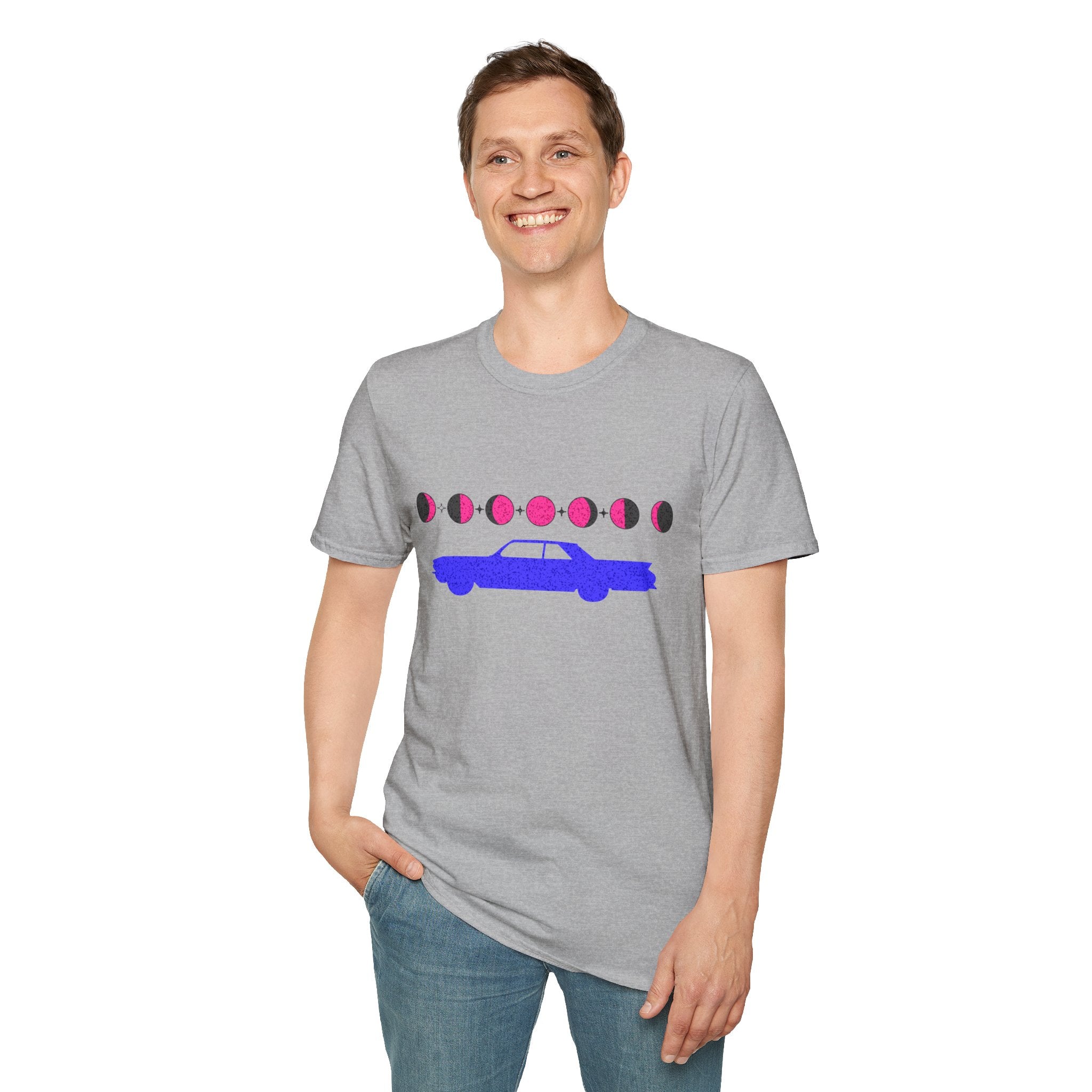 Retro Moon Phase Car T‑Shirt — Blue Classic Car with Pink Moon Phases