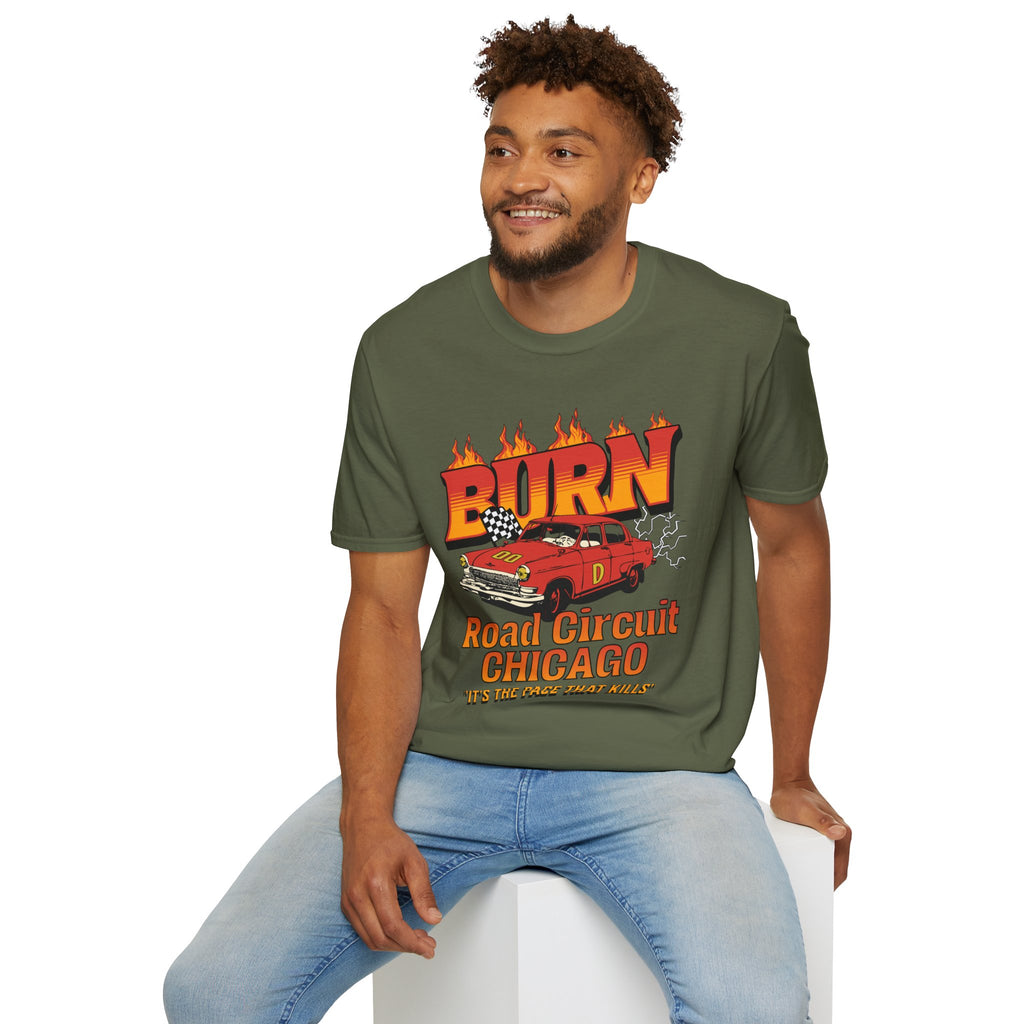 Racing 'BURN' Graphic Tee — Retro Flaming Racecar Chicago Track Shirt