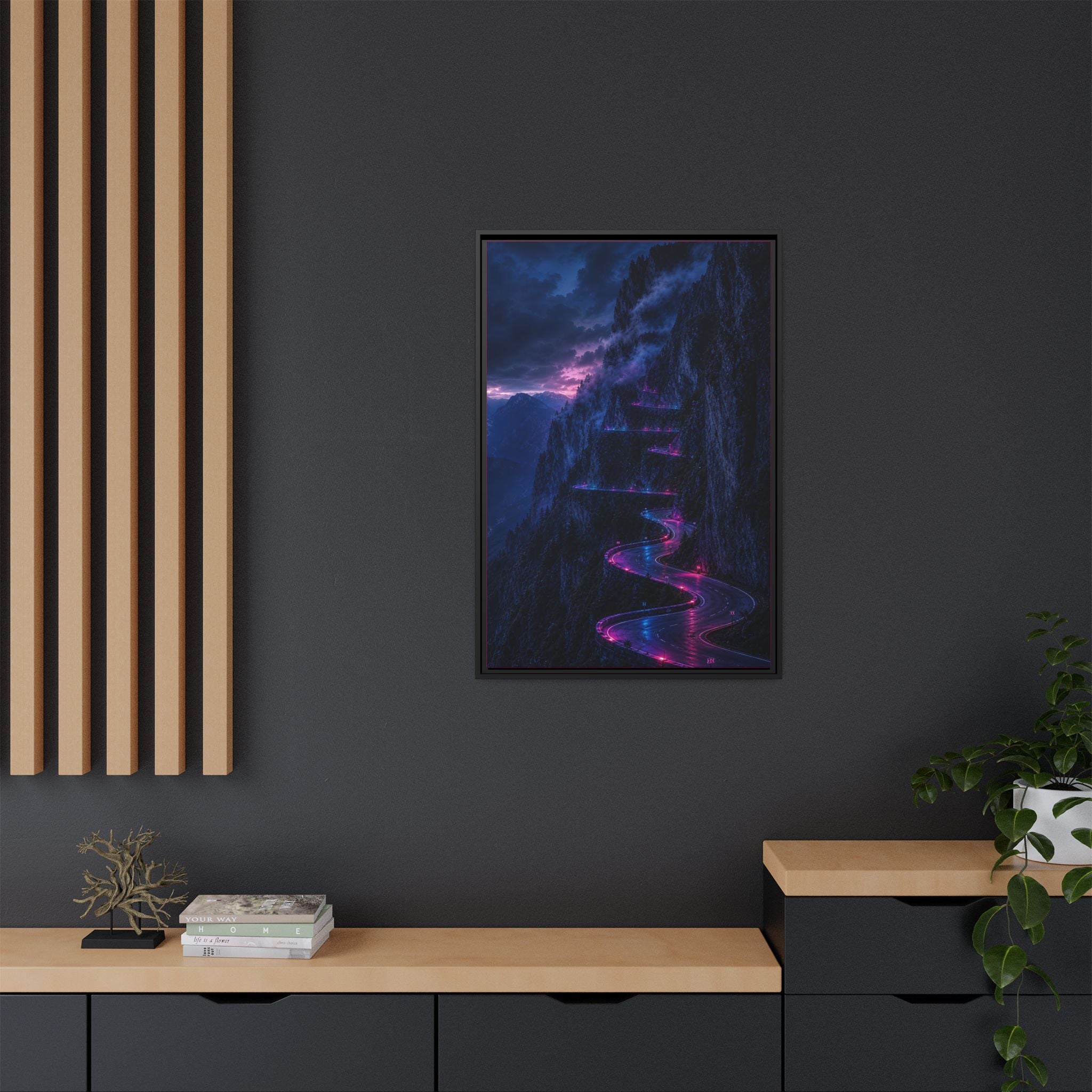 Neon Mountain Road Matte Canvas Print — Framed Nightscape Wall Art