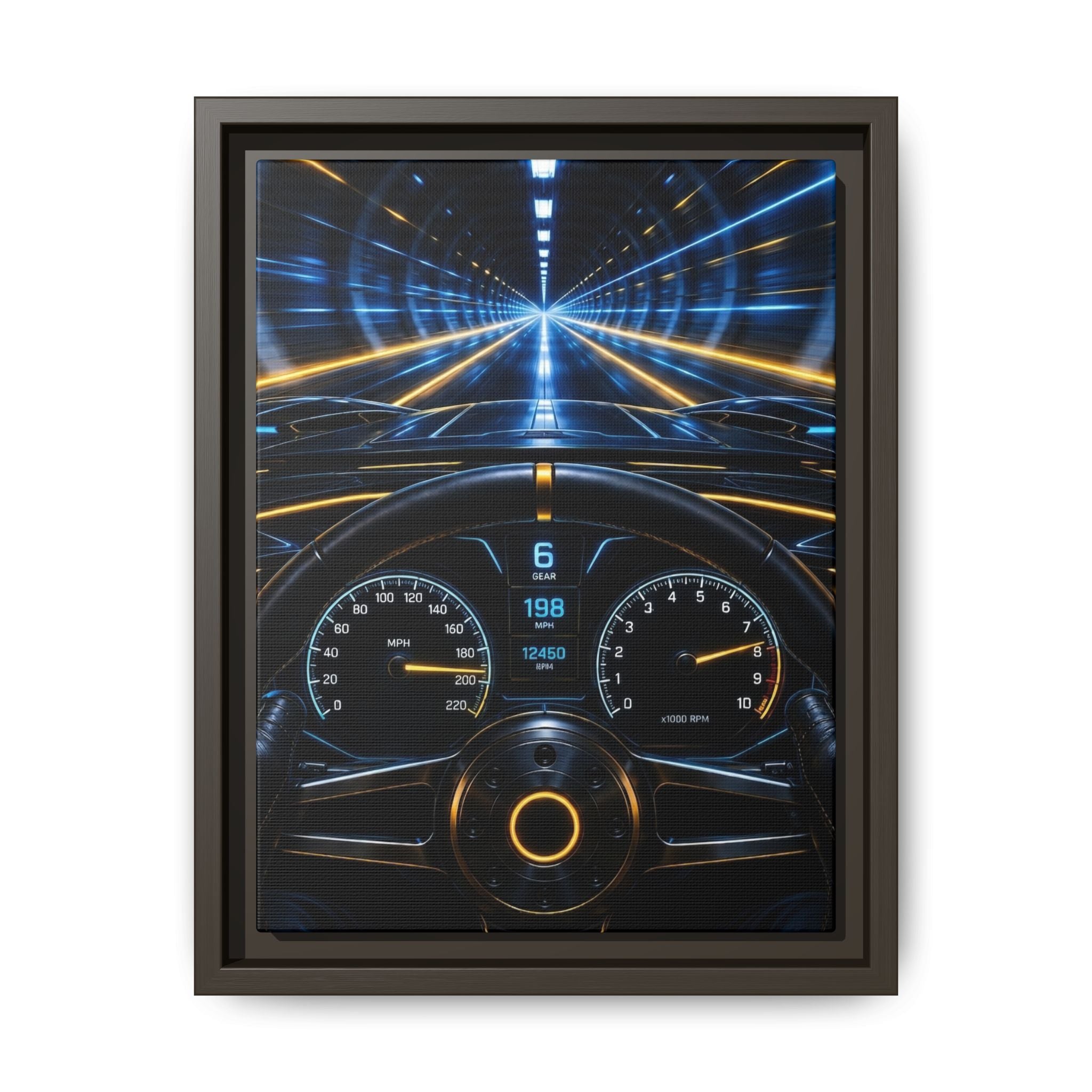 Tunnel Drive Framed Canvas Print — Retro Futuristic Car Dashboard Wall Art