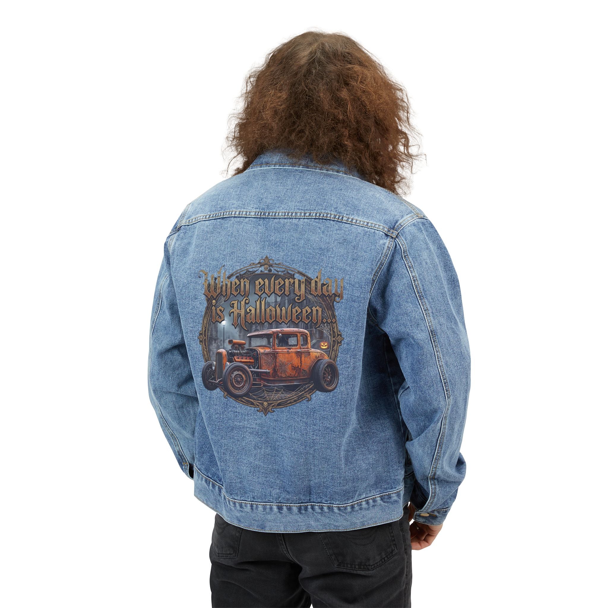 Denim Jacket — 'When Every Day Is Halloween' Vintage Hot Rod Back Print