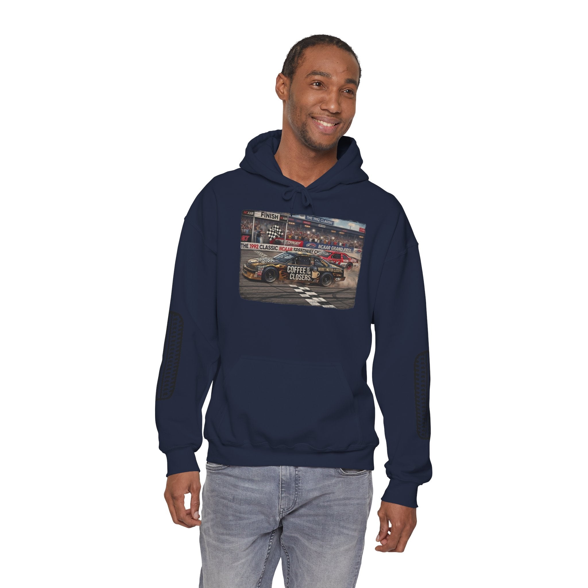 Racing Garage Hooded Sweatshirt — Vintage Racecar Track Scene