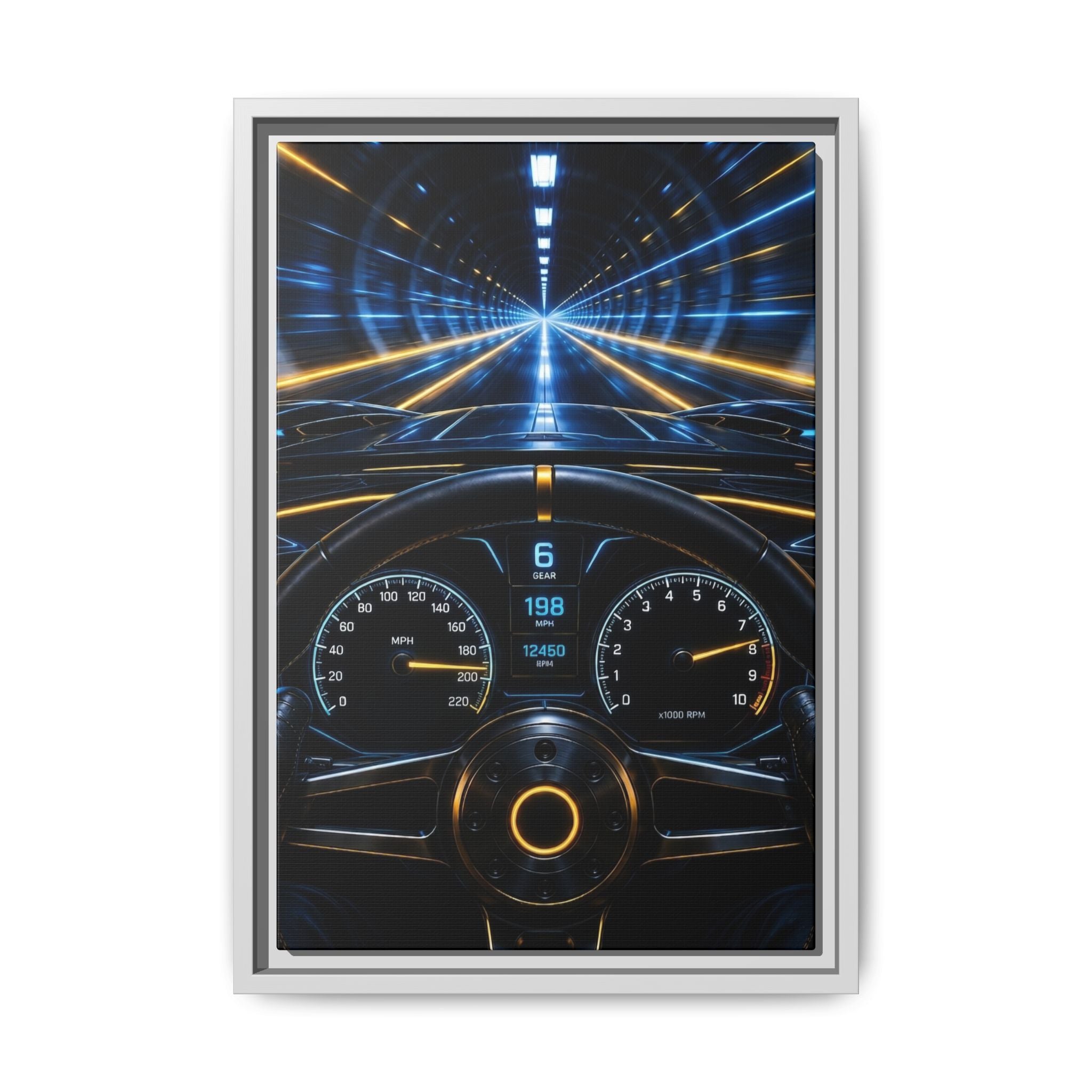 Tunnel Drive Framed Canvas Print — Retro Futuristic Car Dashboard Wall Art