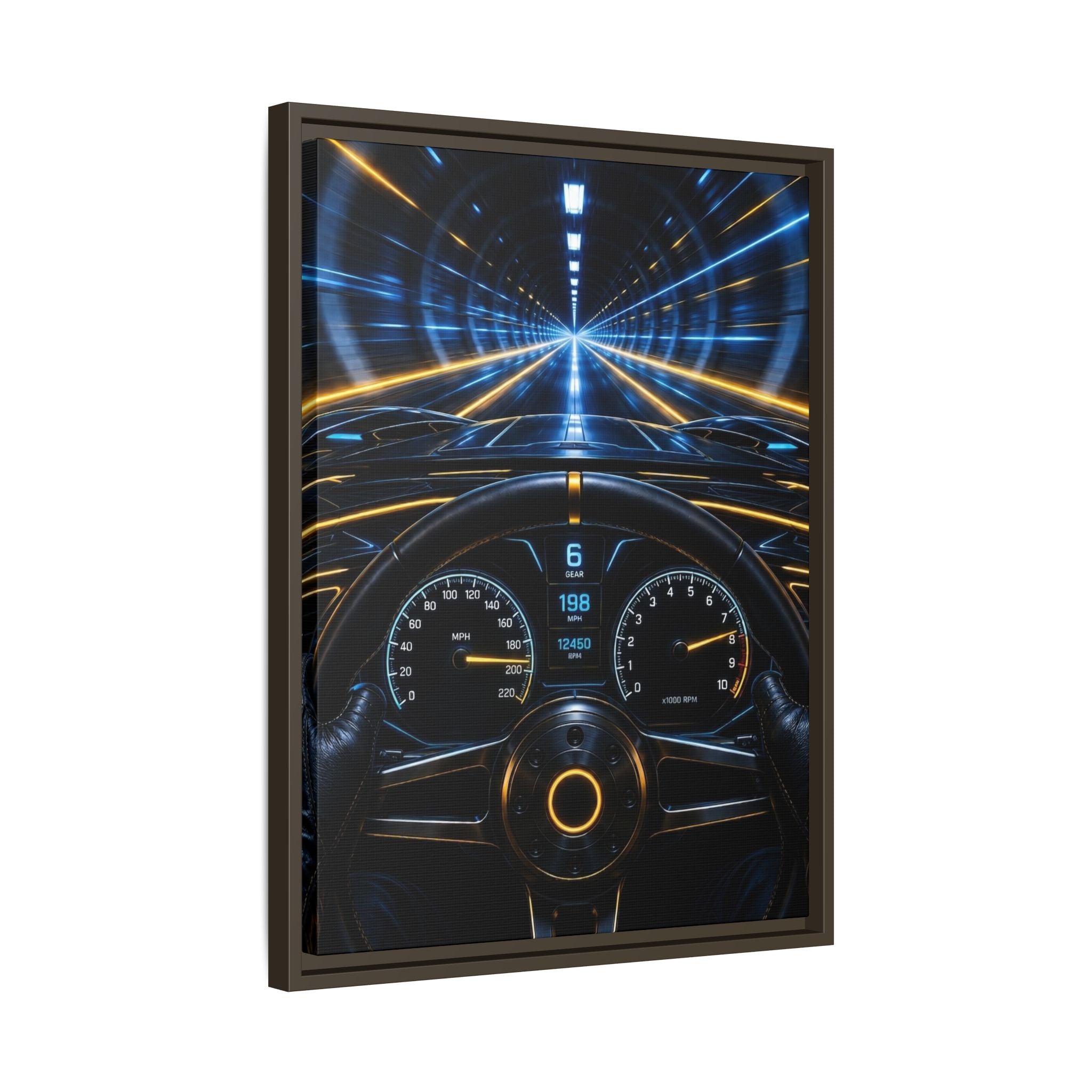 Tunnel Drive Framed Canvas Print — Retro Futuristic Car Dashboard Wall Art