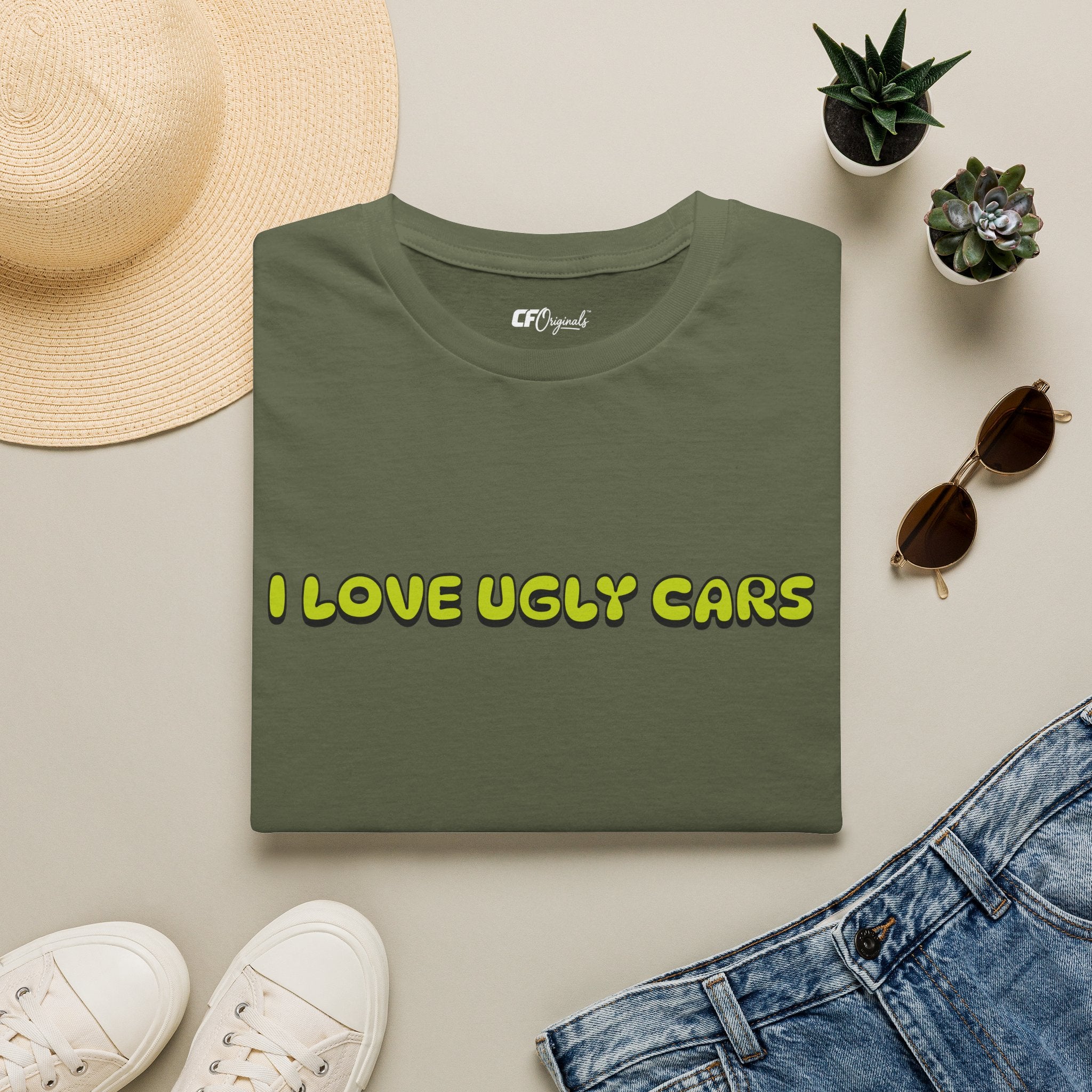 T-Shirt — "I Love Ugly Cars" Retro Green Graphic Tee