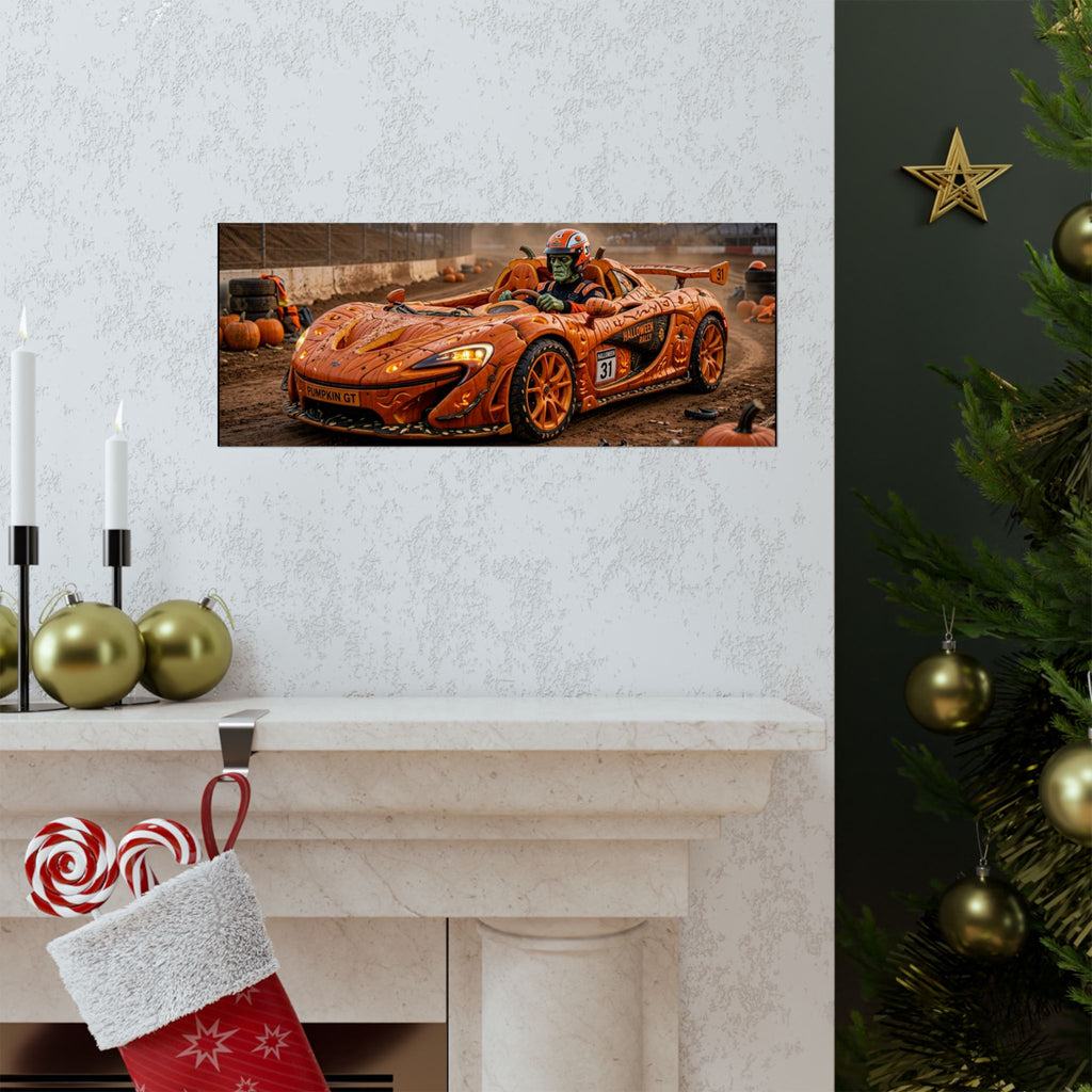 Halloween Race Car Poster — Orange Pumpkin Sports Car Matte Horizontal Print