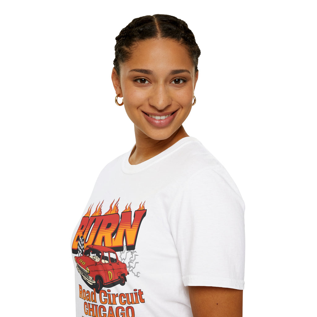 Racing 'BURN' Graphic Tee — Retro Flaming Racecar Chicago Track Shirt