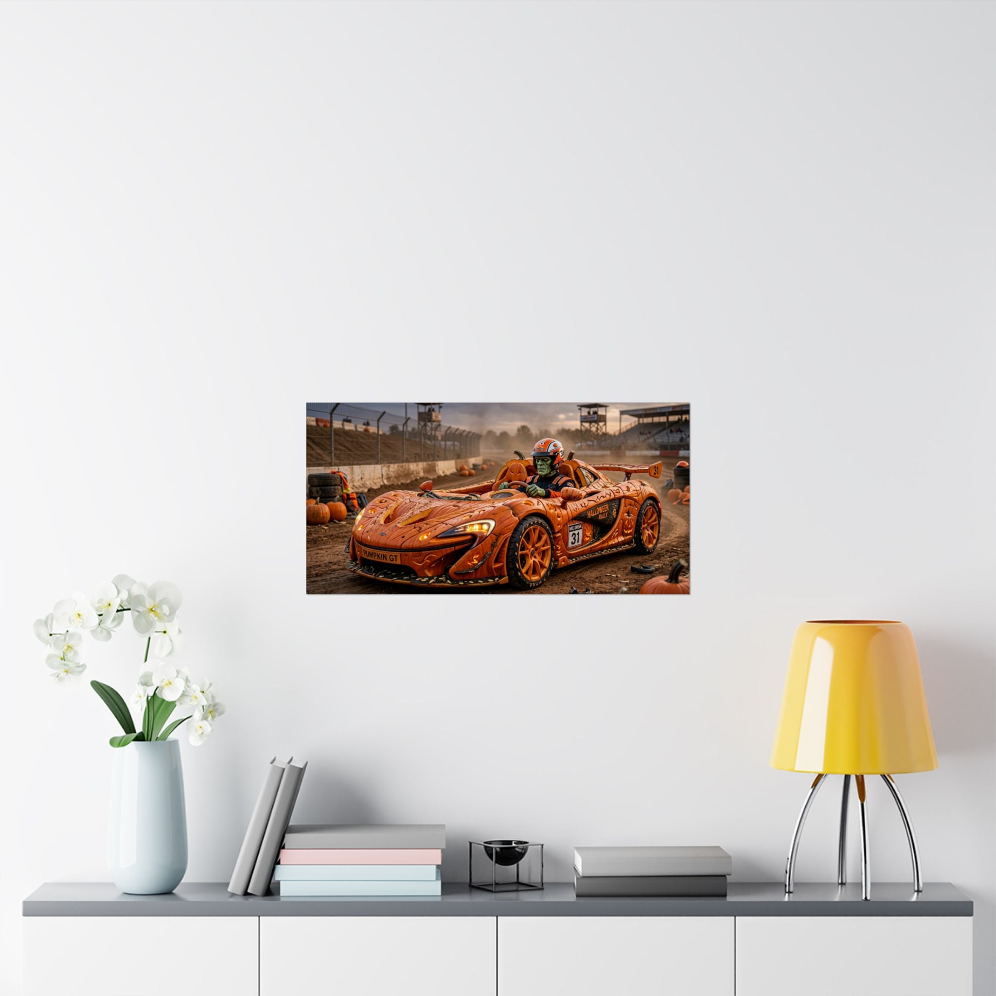 Halloween Race Car Poster — Orange Pumpkin Sports Car Matte Horizontal Print