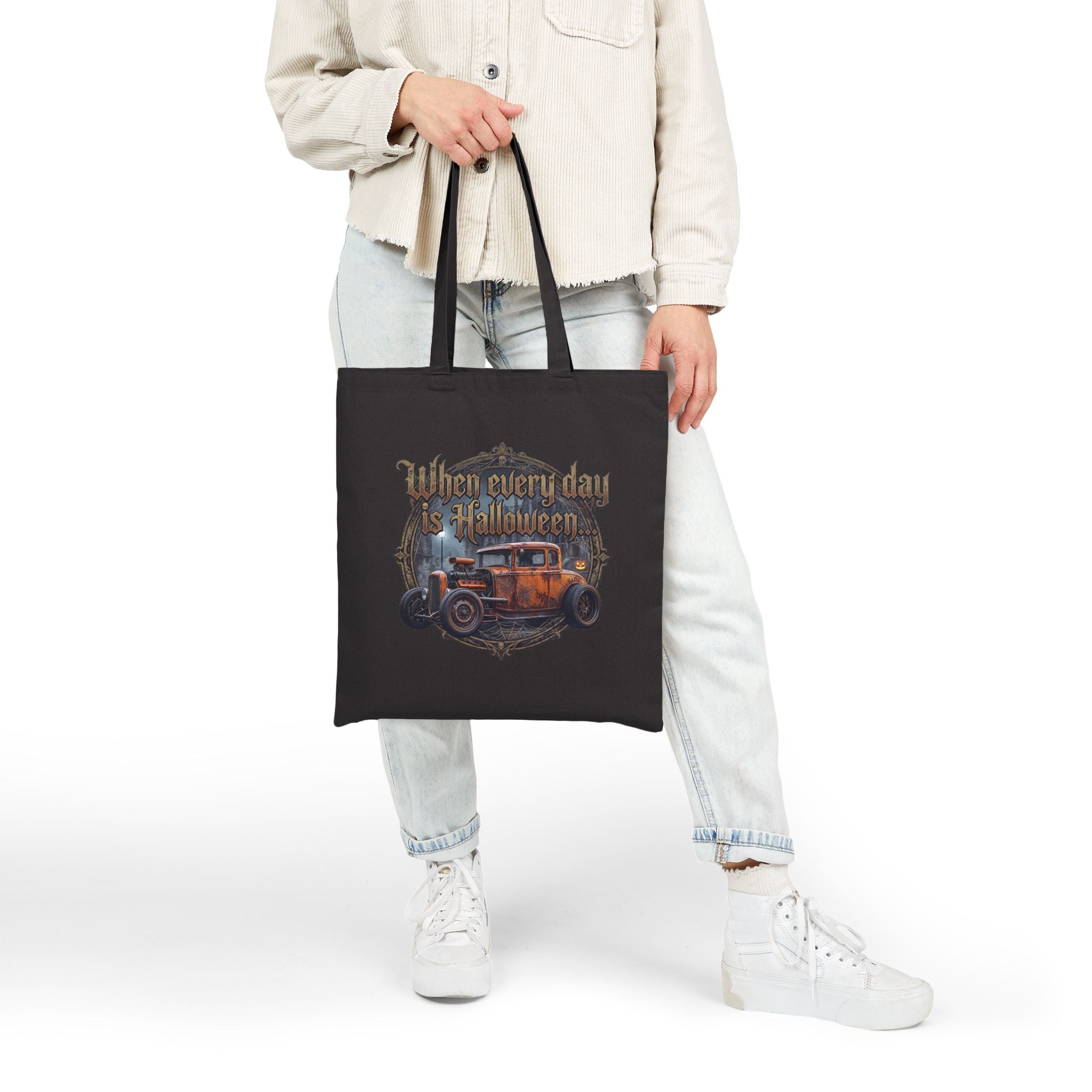 Halloween Vintage Car Tote Bag - "When Every Day is Halloween" Cotton Canvas Tote