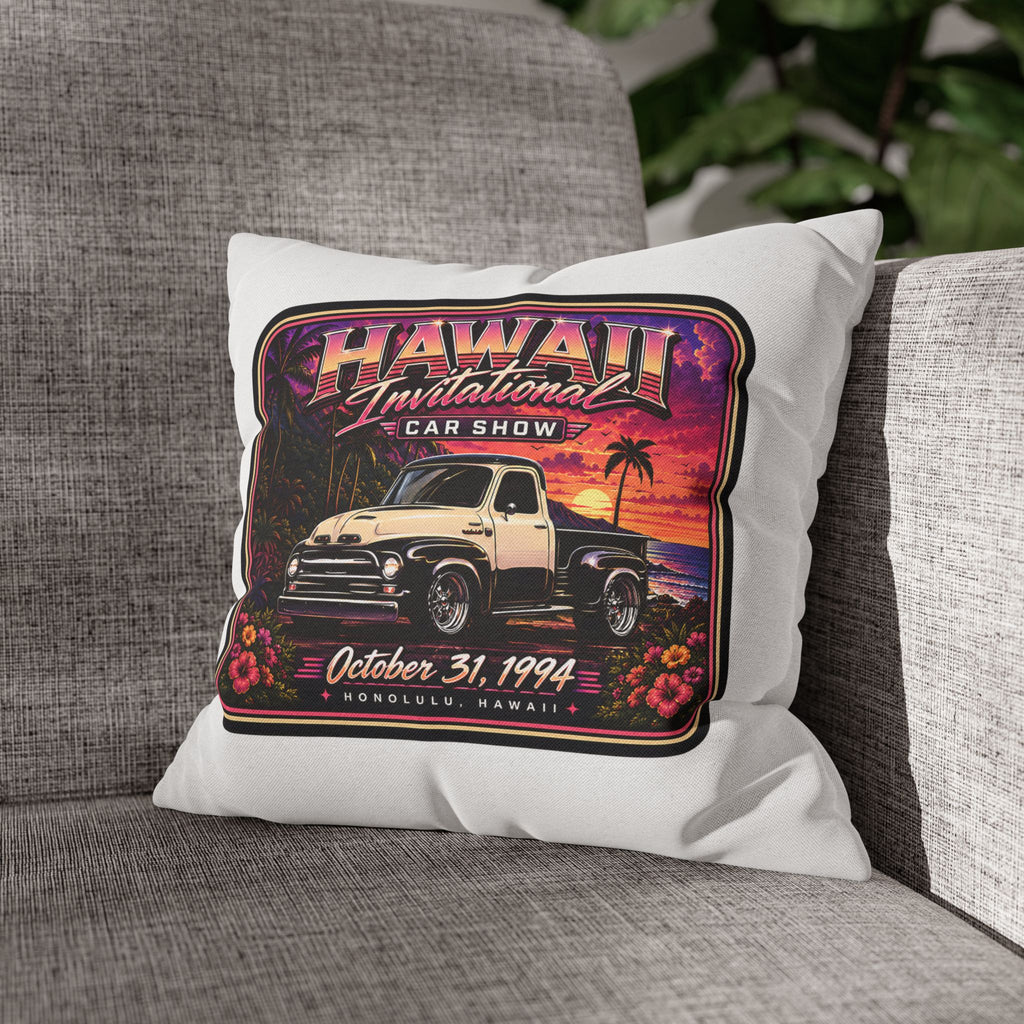 Hawaii Invitational Car Show Throw Pillow — Vintage Truck Sunset Design