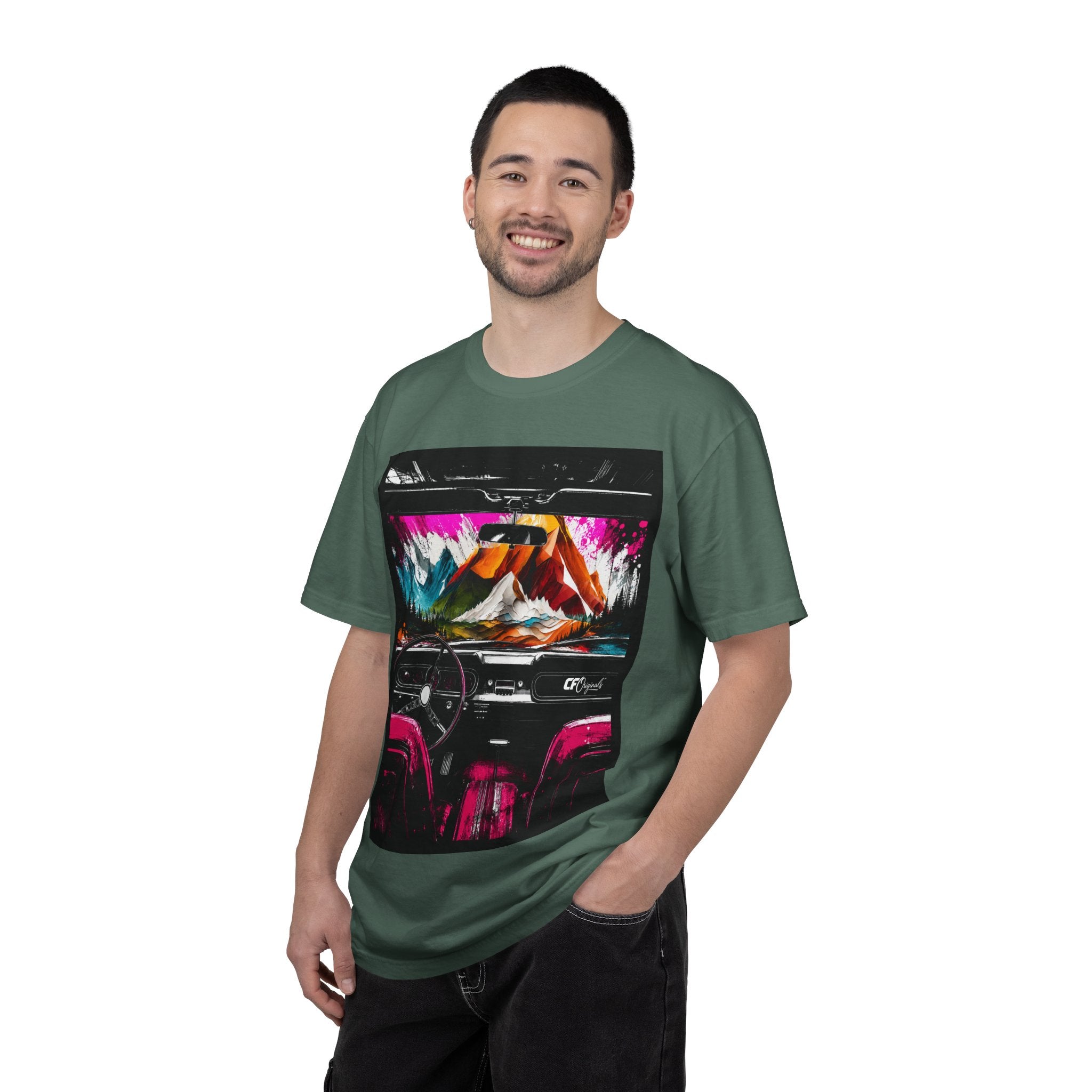 CarFits.store Big Prints T-Shirt — Retro Engine & Scenic Drive