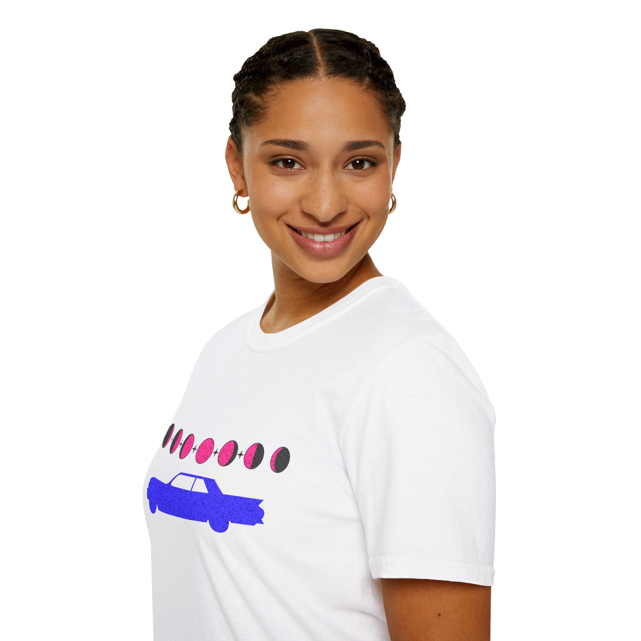 Retro Moon Phase Car T‑Shirt — Blue Classic Car with Pink Moon Phases