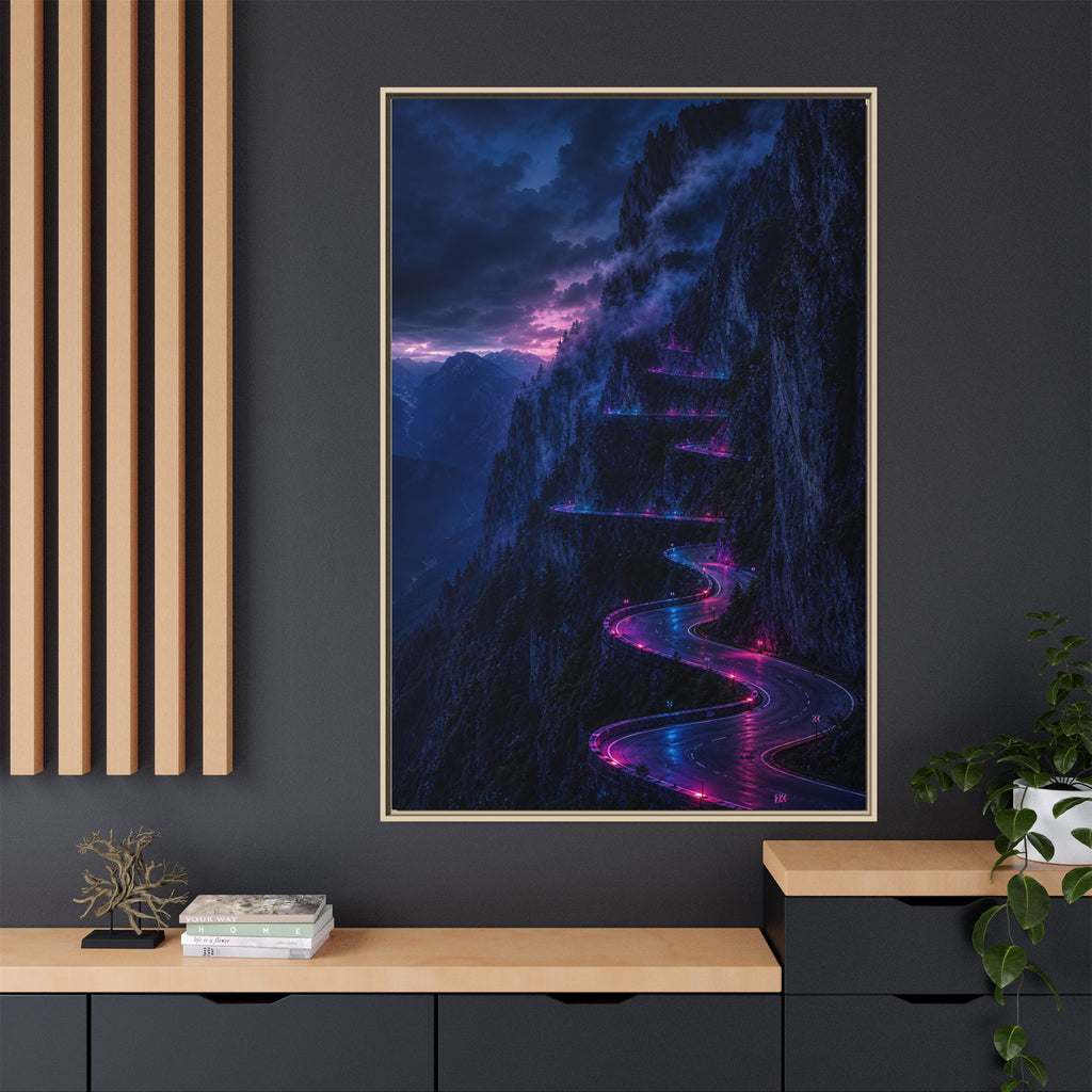 Neon Mountain Road Matte Canvas Print — Framed Nightscape Wall Art