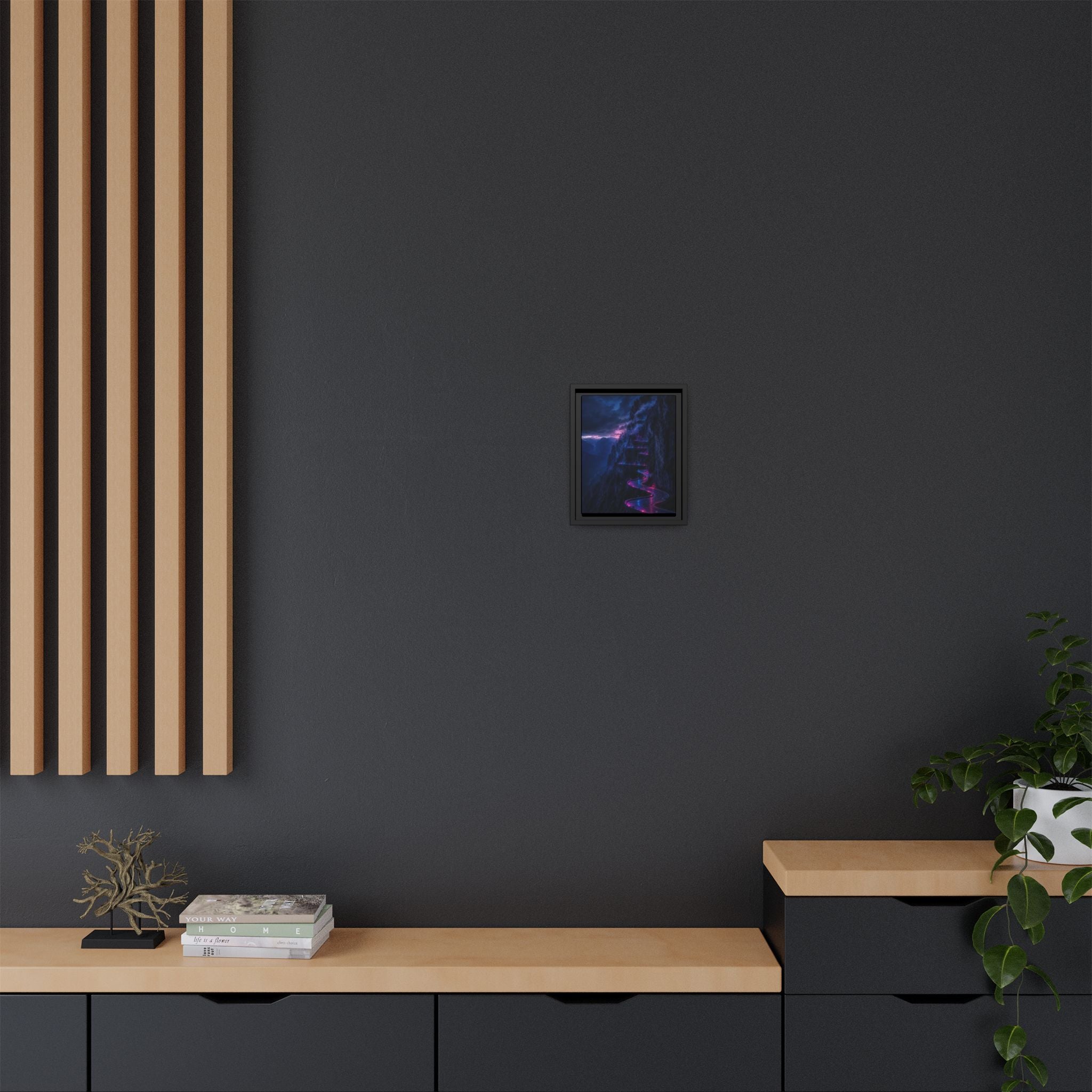 Neon Mountain Road Matte Canvas Print — Framed Nightscape Wall Art