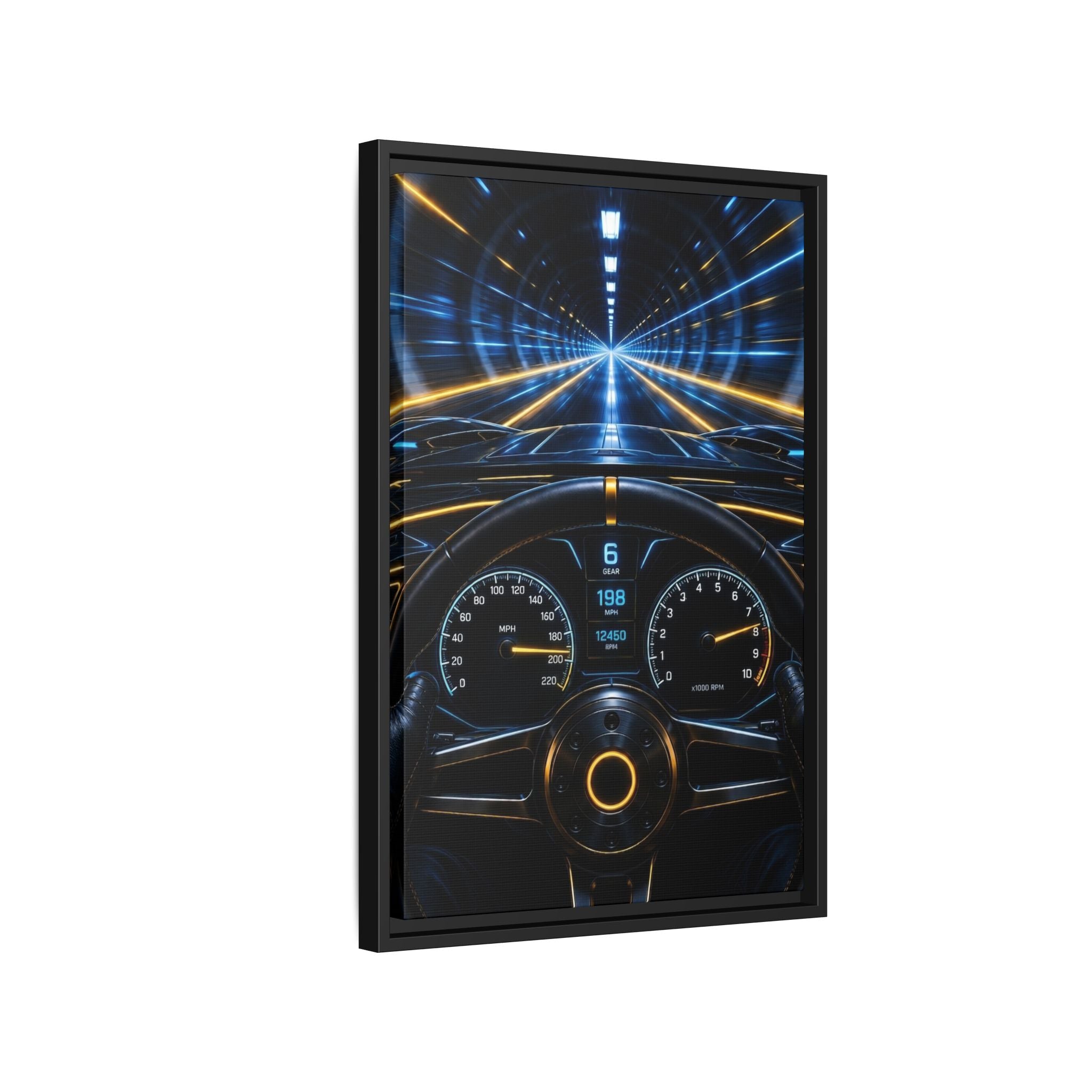 Tunnel Drive Framed Canvas Print — Retro Futuristic Car Dashboard Wall Art