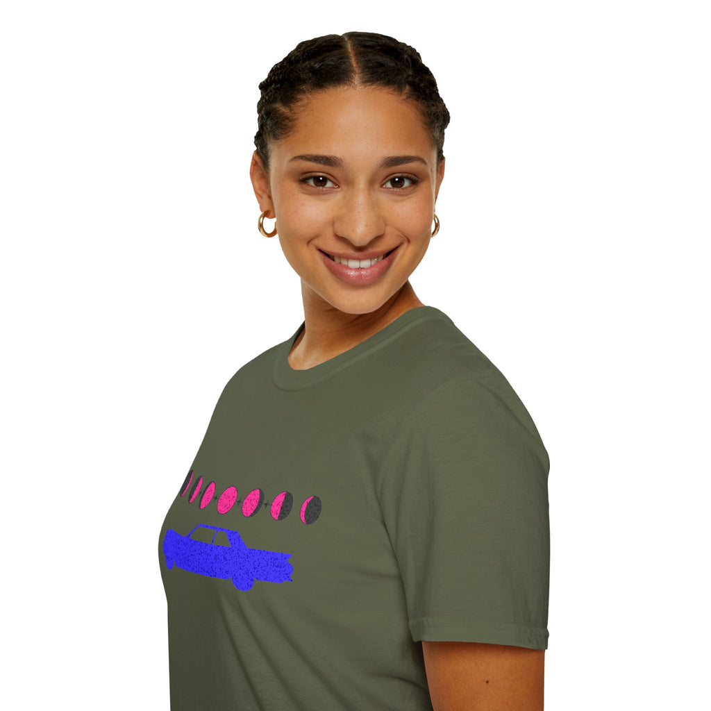 Retro Moon Phase Car T‑Shirt — Blue Classic Car with Pink Moon Phases