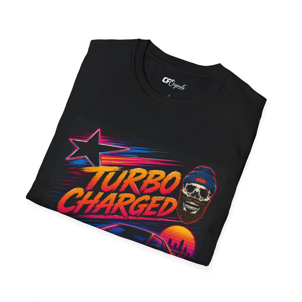 Turbo Charged Retro Car T-Shirt — Neon Racing Skull Design