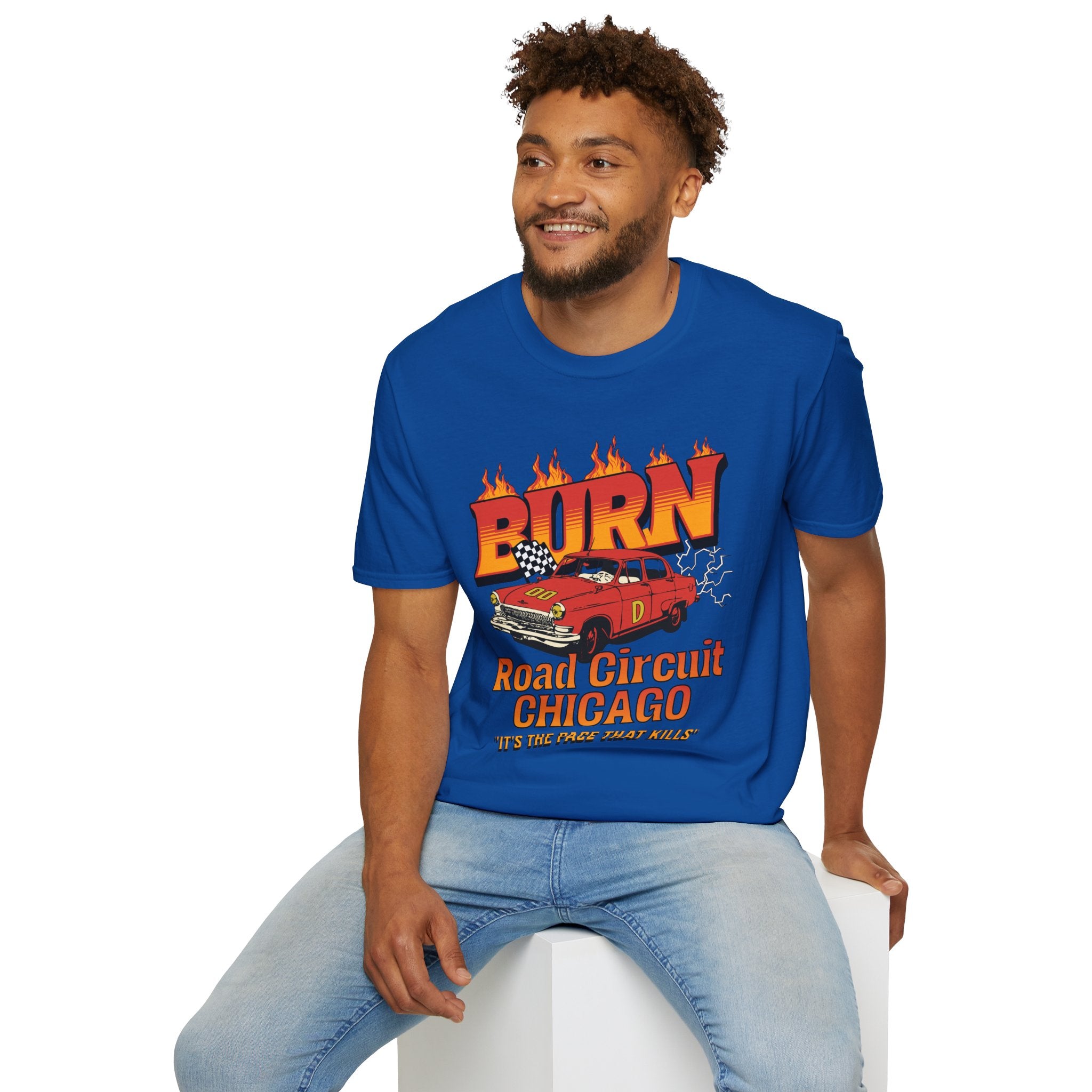 Racing 'BURN' Graphic Tee — Retro Flaming Racecar Chicago Track Shirt