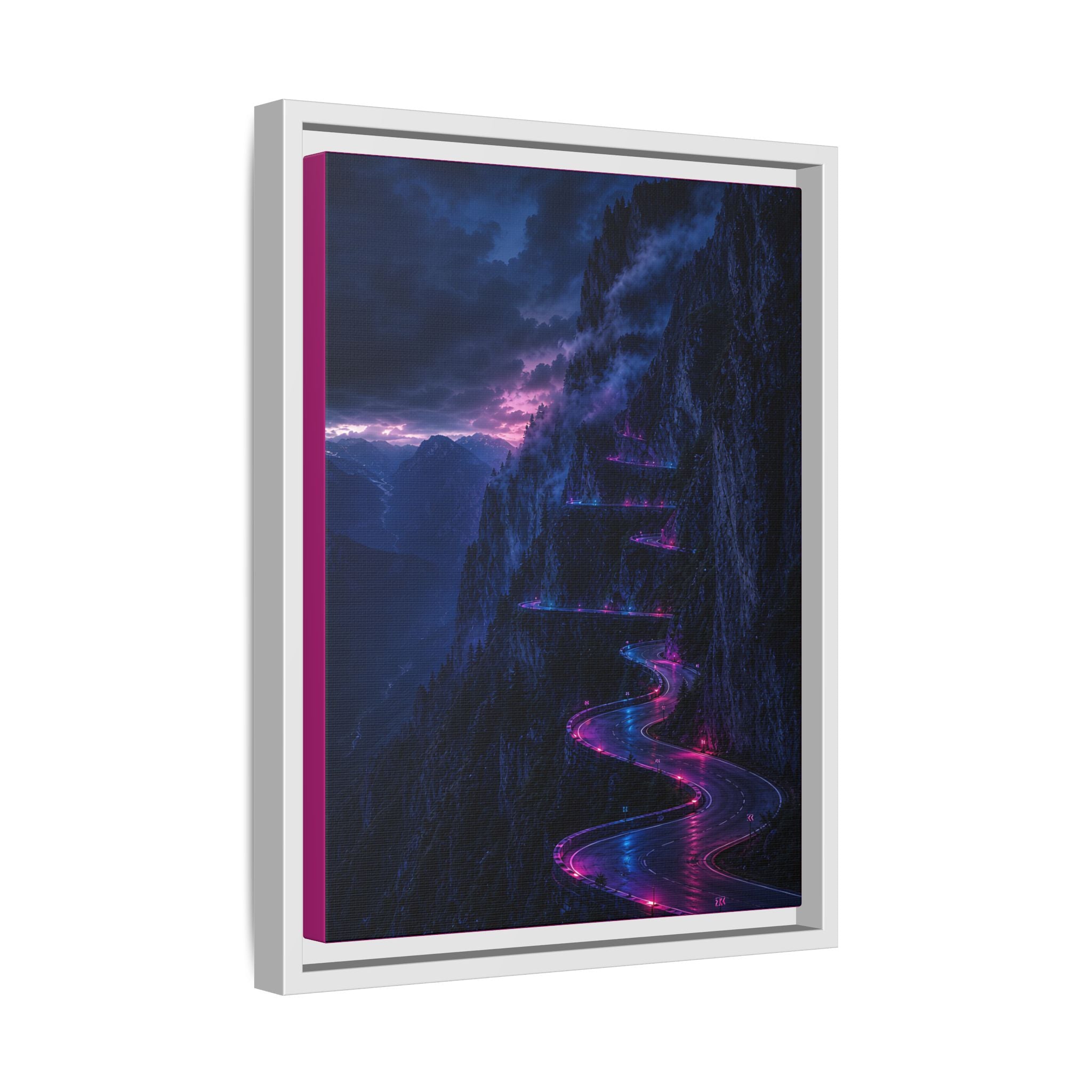 Neon Mountain Road Matte Canvas Print — Framed Nightscape Wall Art