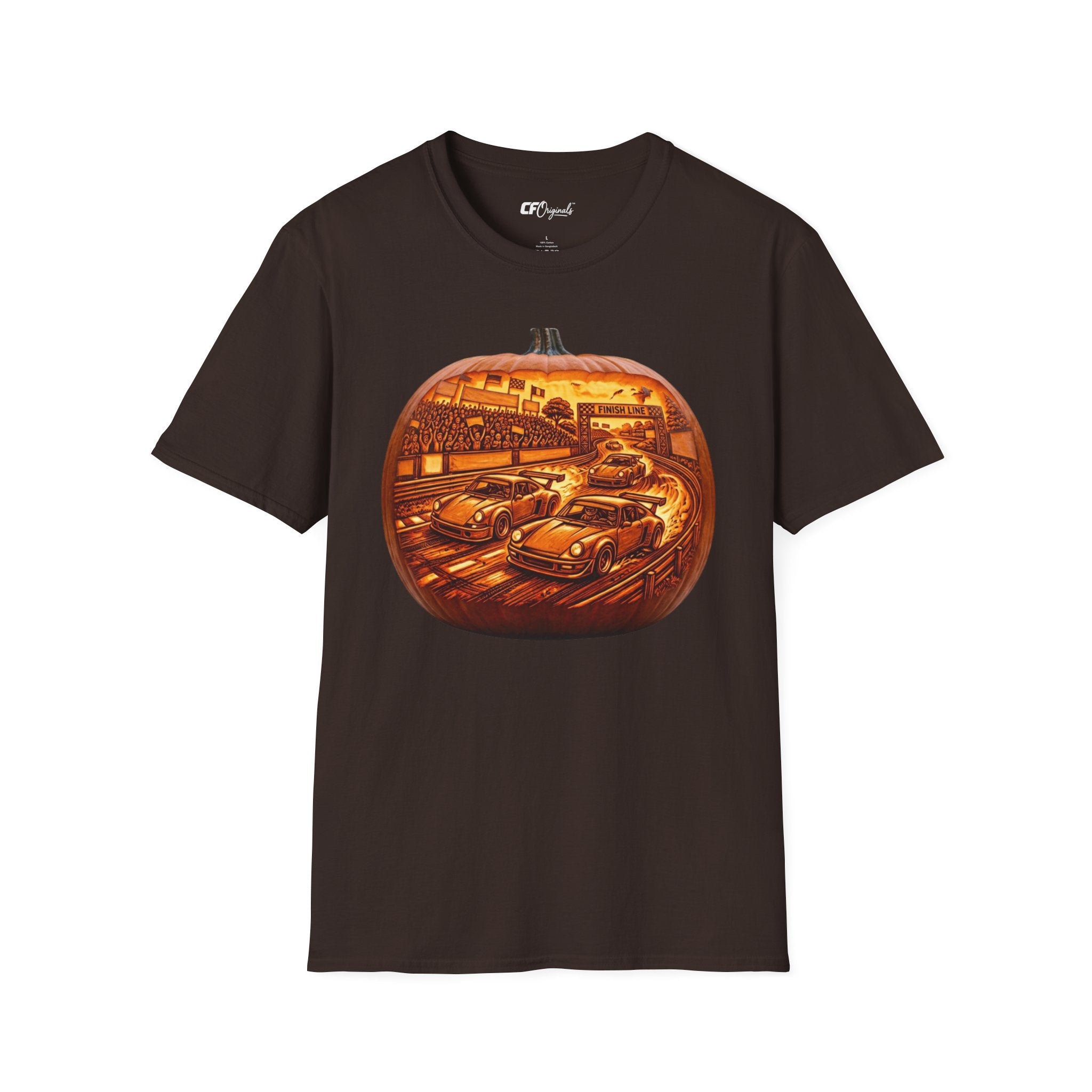 Vintage Racing Pumpkin T-Shirt — Retro Car Grand Prix Halloween Tee