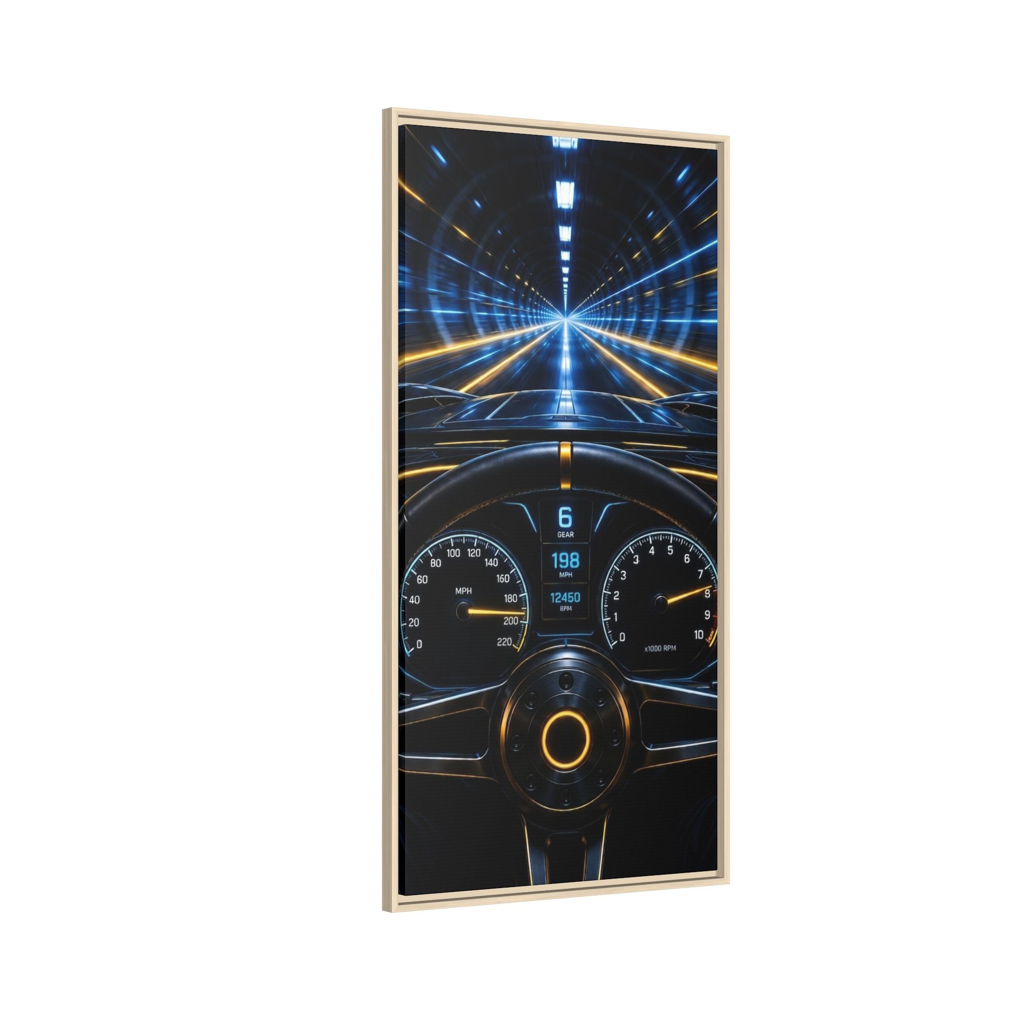 Tunnel Drive Framed Canvas Print — Retro Futuristic Car Dashboard Wall Art