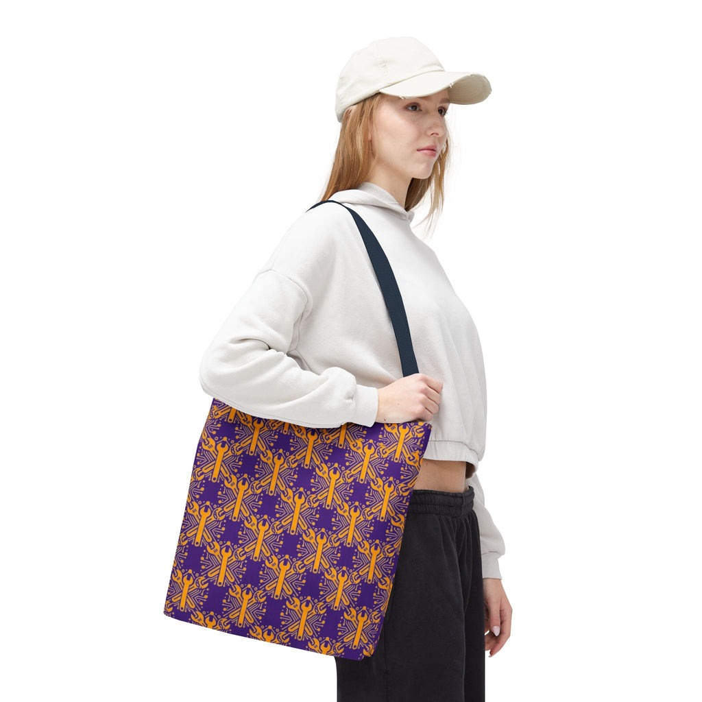 Purple & Gold Wrench Pattern Tote Bag – Automotive All-Over Print Tote