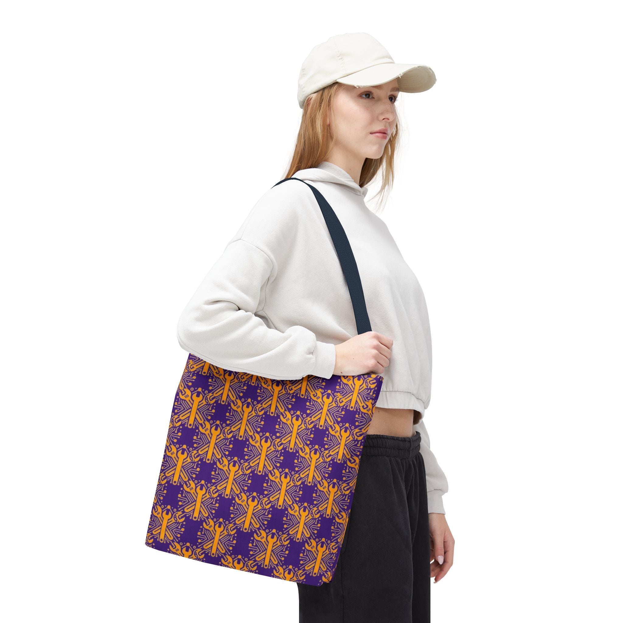 Purple & Gold Wrench Pattern Tote Bag – Automotive All-Over Print Tote
