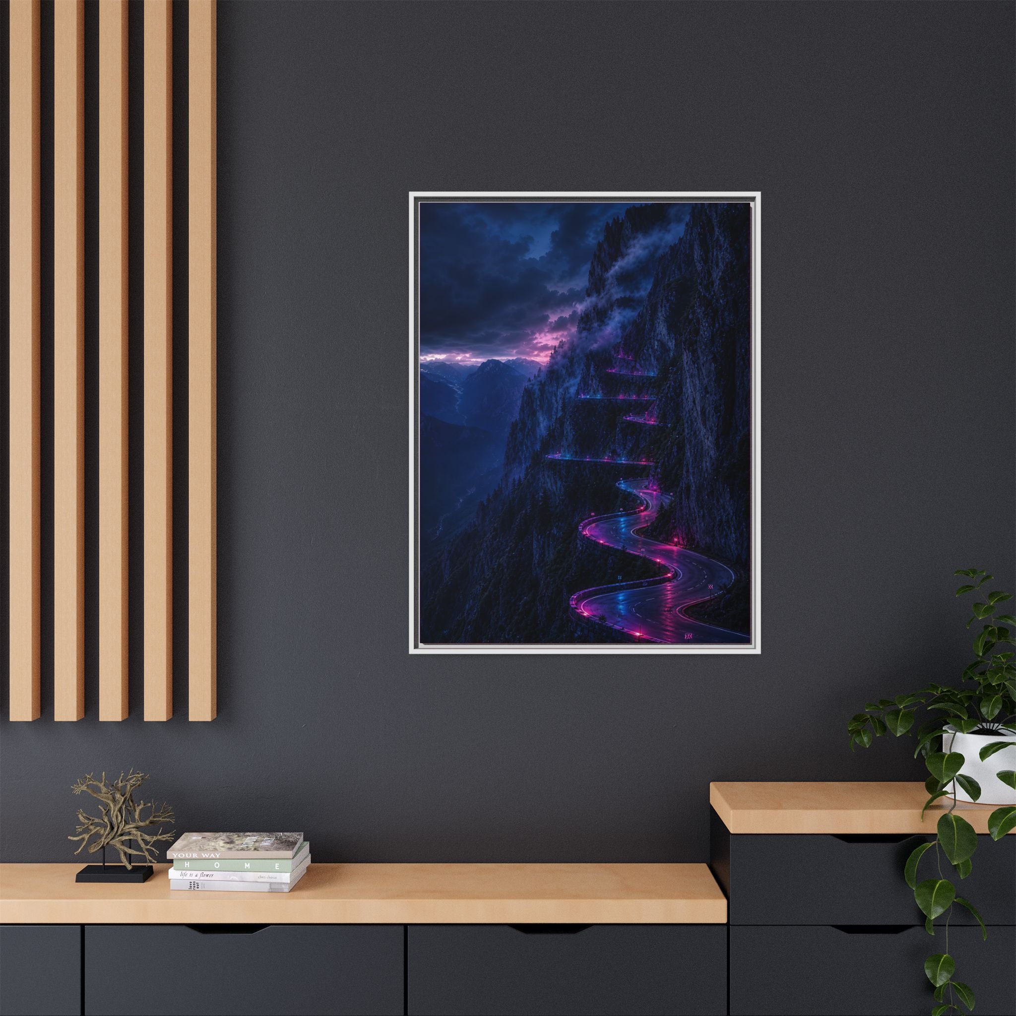 Neon Mountain Road Matte Canvas Print — Framed Nightscape Wall Art
