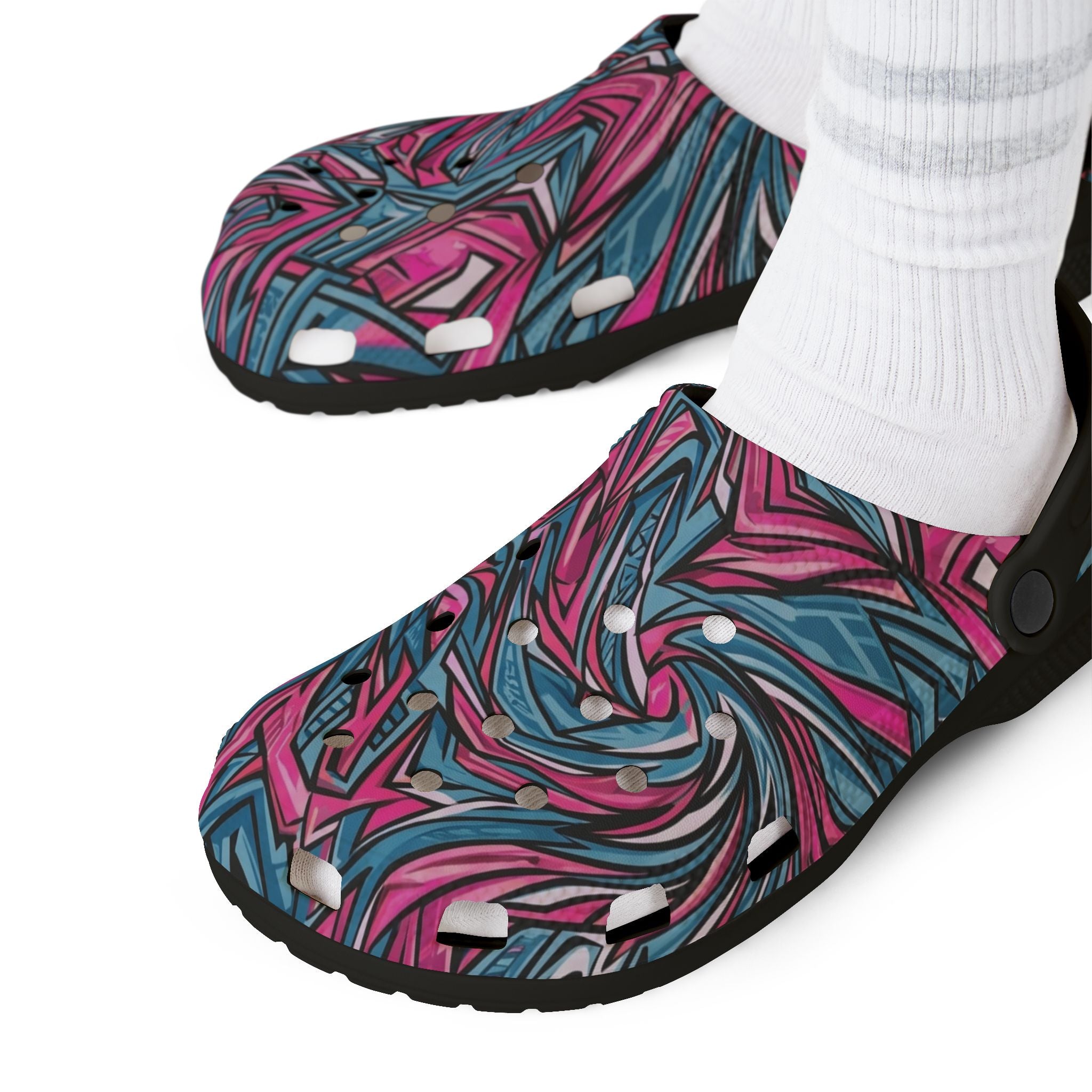Pink & Teal Abstract Mosaic EVA Clogs — Patterned Slip-On Foam Shoes