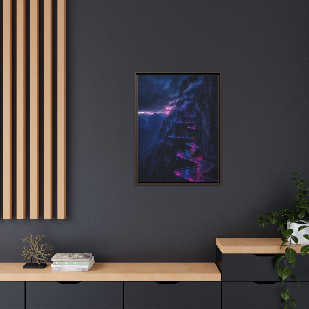 Neon Mountain Road Matte Canvas Print — Framed Nightscape Wall Art