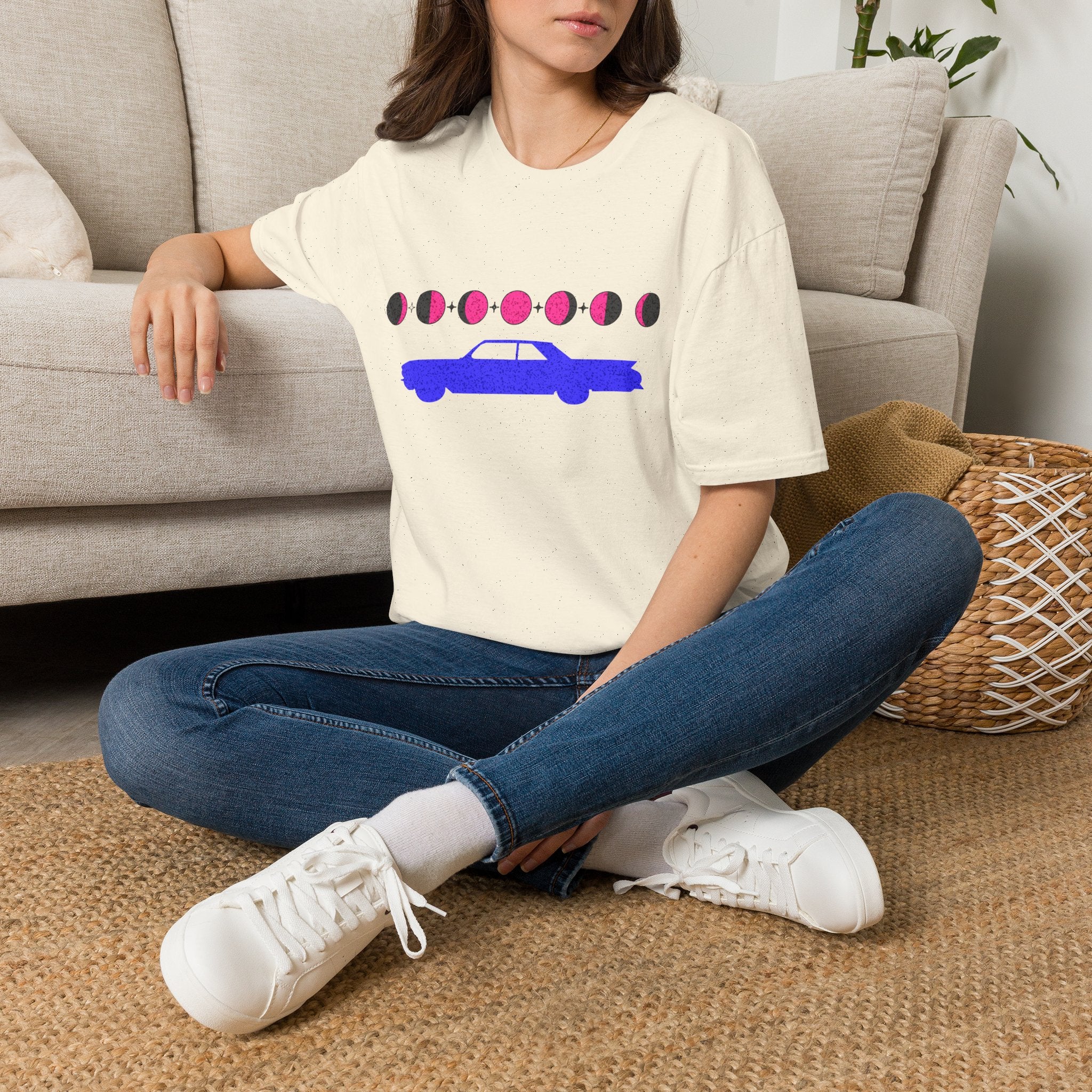Retro Moon Phase Car T‑Shirt — Blue Classic Car with Pink Moon Phases