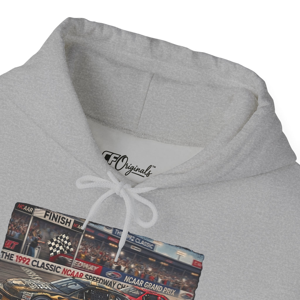 Racing Garage Hooded Sweatshirt — Vintage Racecar Track Scene