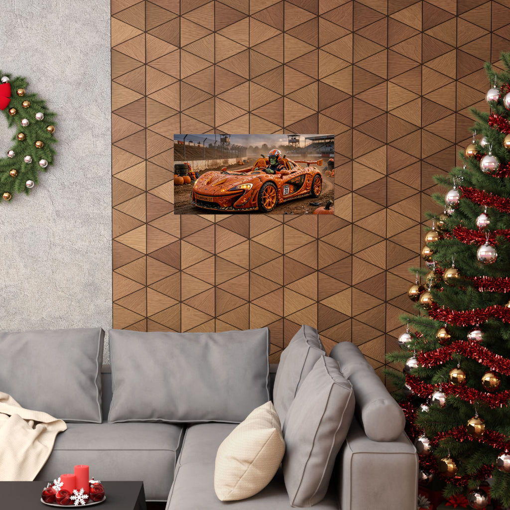 Halloween Race Car Poster — Orange Pumpkin Sports Car Matte Horizontal Print