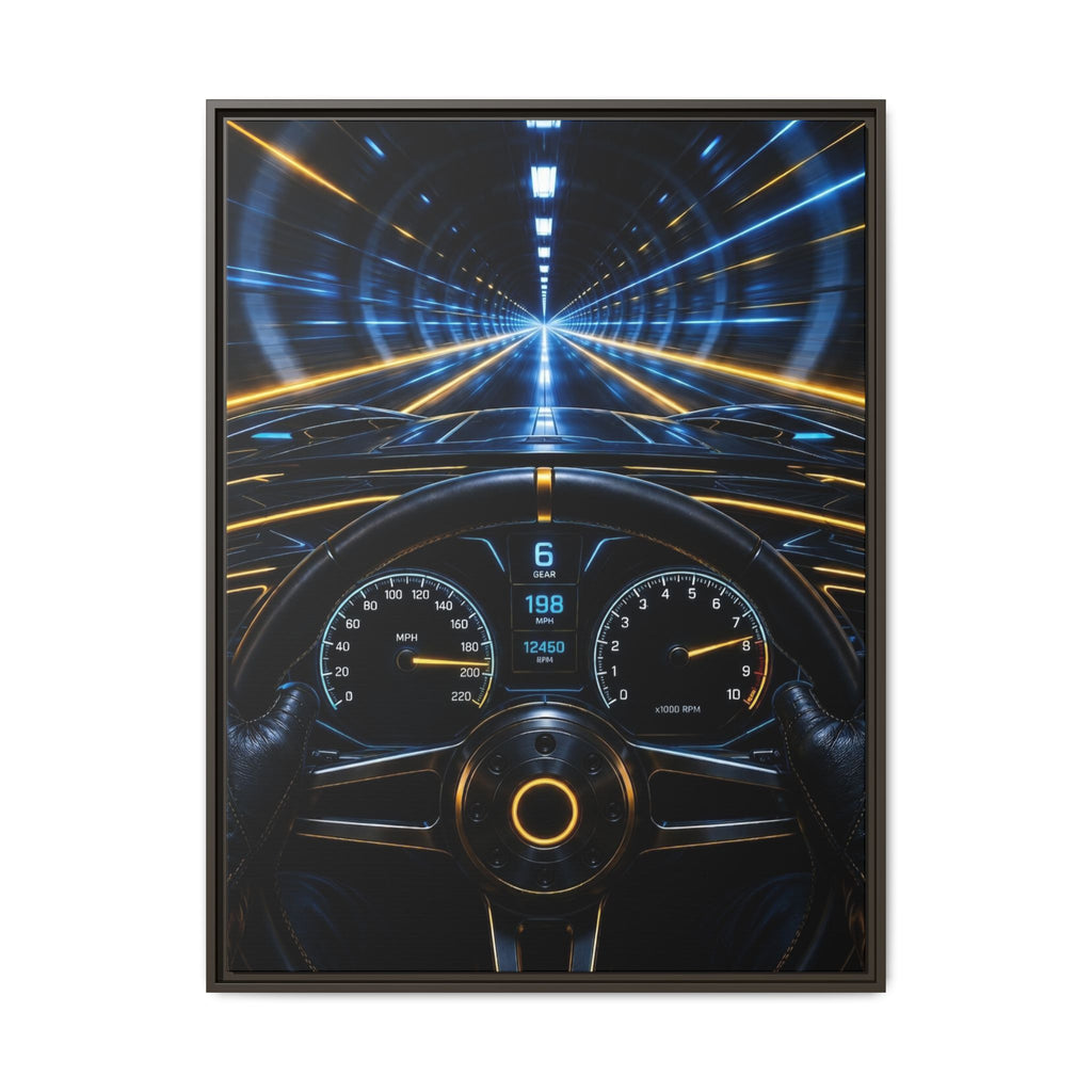 Tunnel Drive Framed Canvas Print — Retro Futuristic Car Dashboard Wall Art