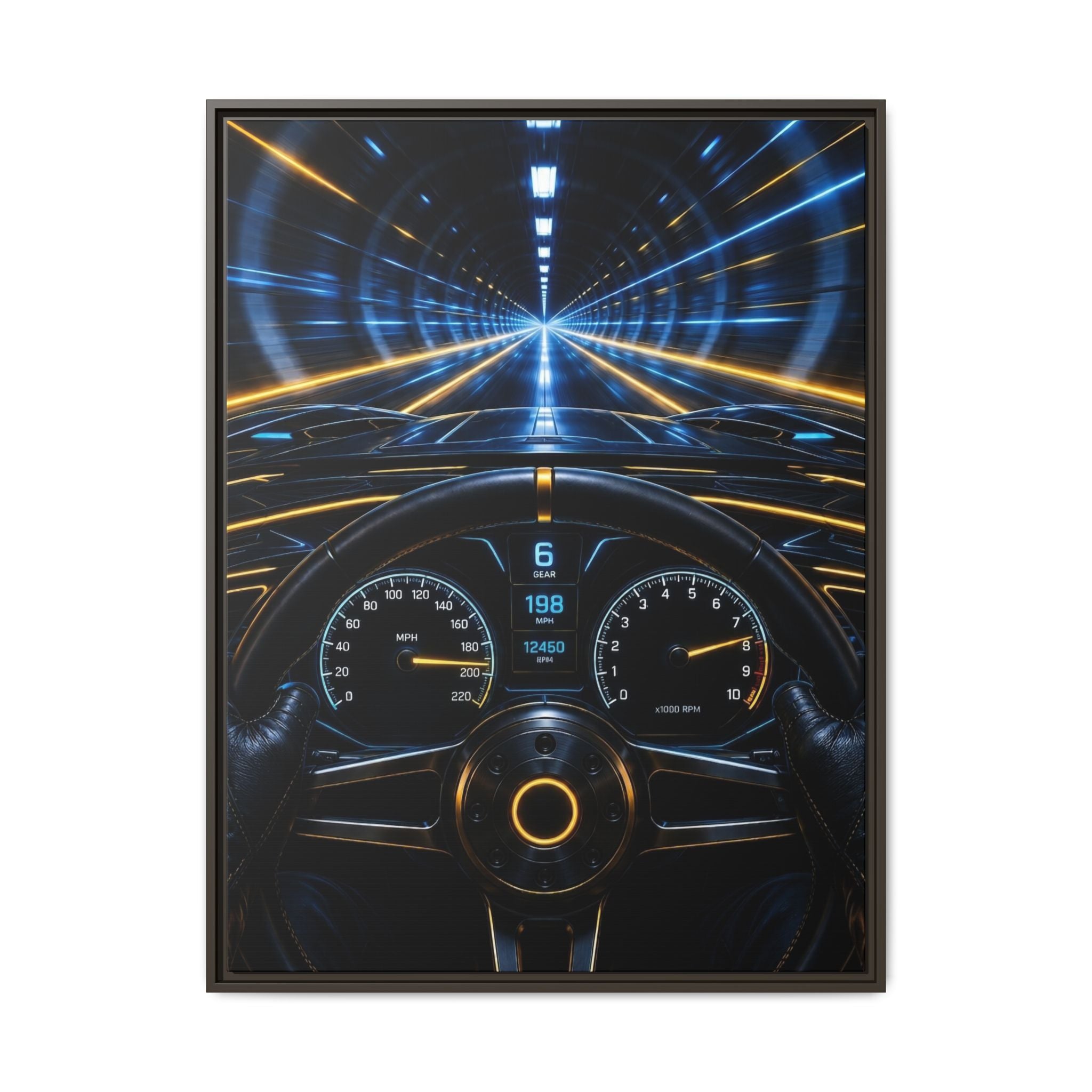 Tunnel Drive Framed Canvas Print — Retro Futuristic Car Dashboard Wall Art
