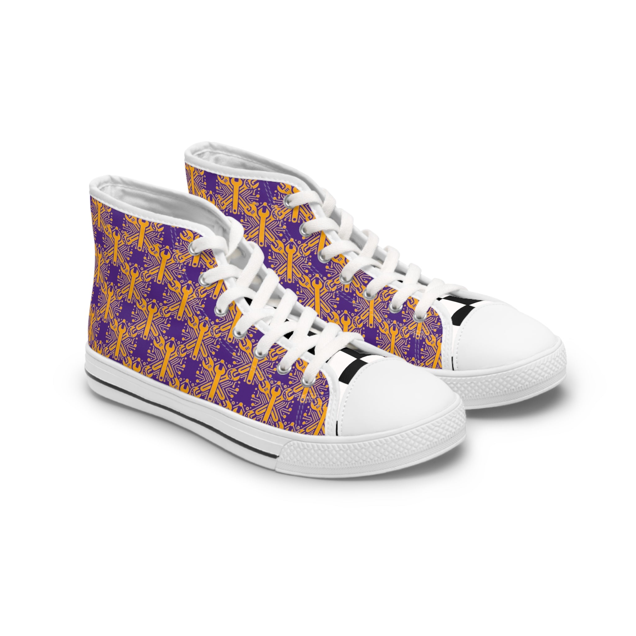 Purple and Gold Wrench High-Tops — Women's Patterned Canvas Shoes