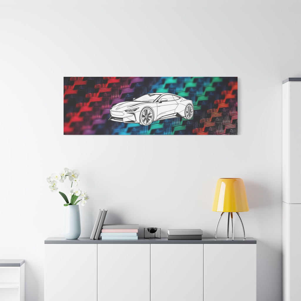 Modern Sports Car Canvas Wall Art – White Line Drawing on Rainbow Carbon Fiber Background