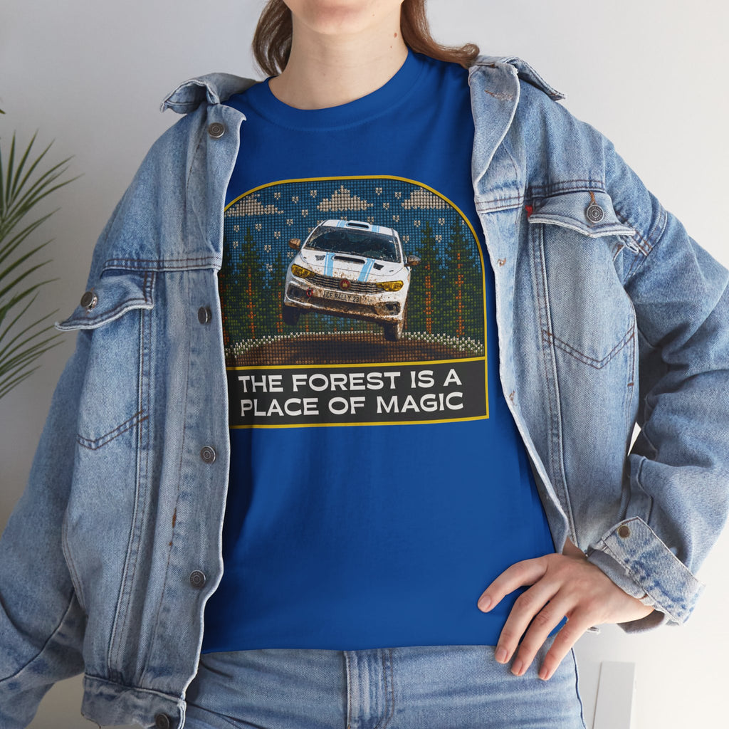 Forest Rally T‑Shirt – 'The Forest Is a Place of Magic' Cross-stitched Style Graphic