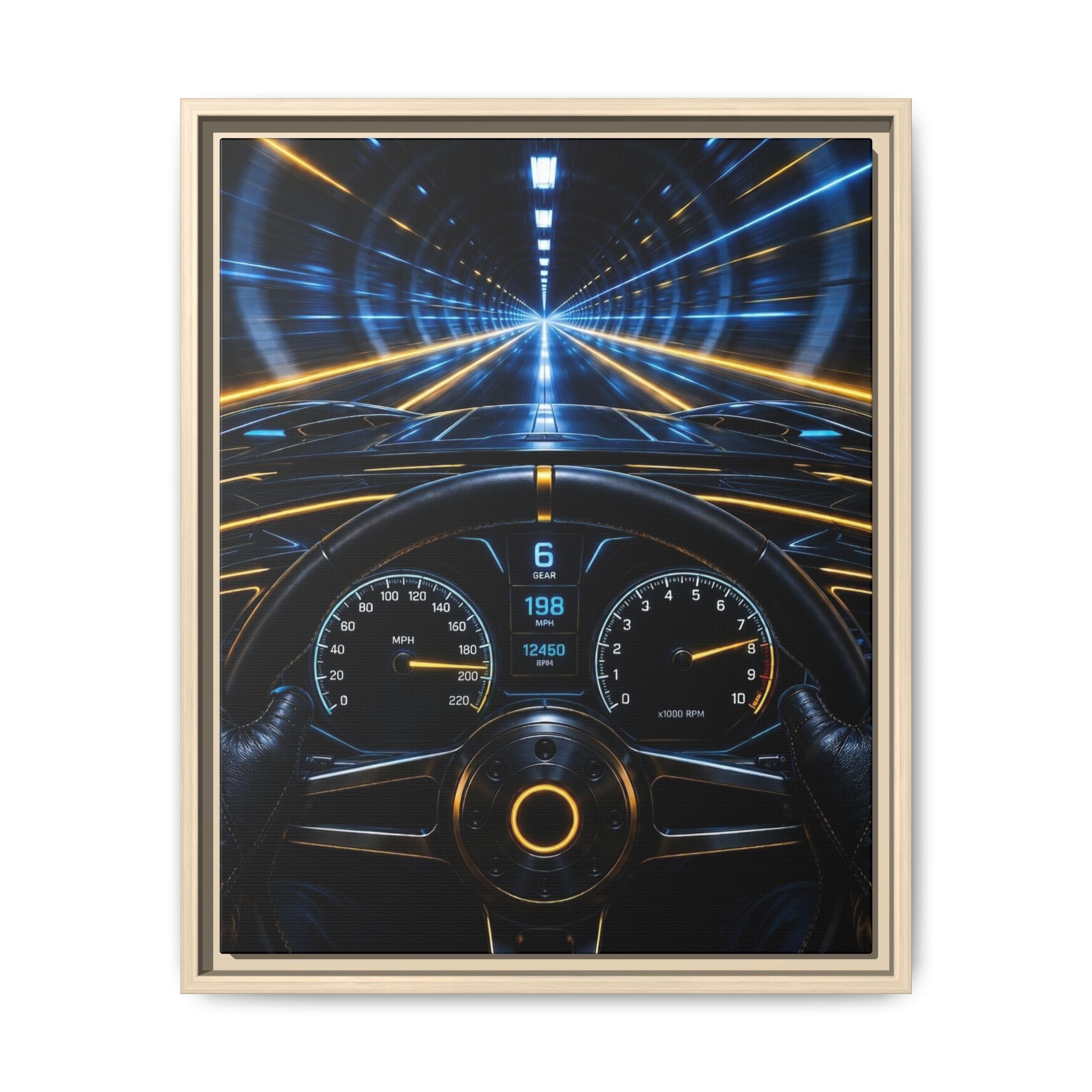 Tunnel Drive Framed Canvas Print — Retro Futuristic Car Dashboard Wall Art
