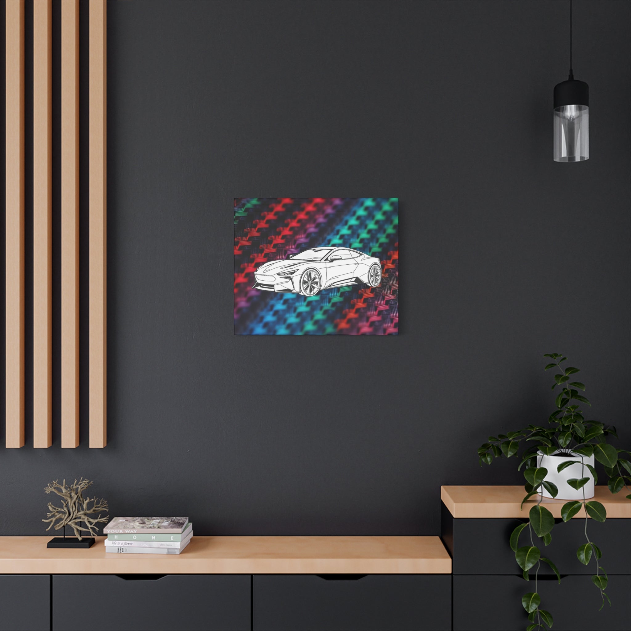 Modern Sports Car Canvas Wall Art – White Line Drawing on Rainbow Carbon Fiber Background