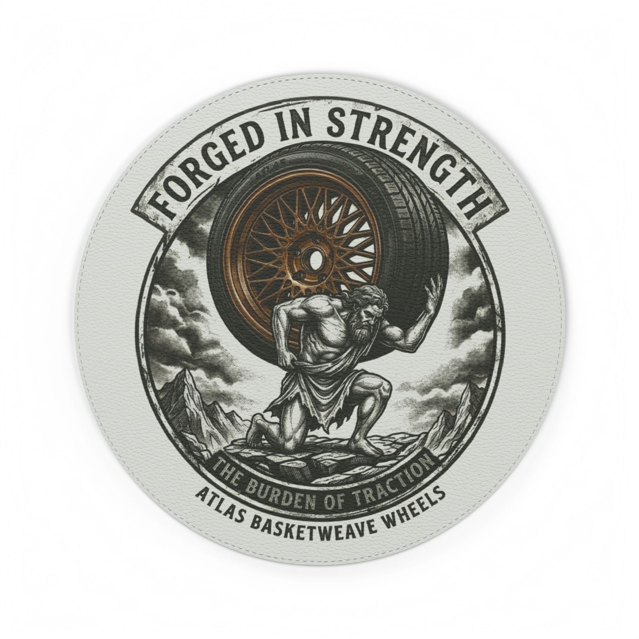 Forged in Strength Round PU Mouse Mat – Atlas Basketweave Wheels Design